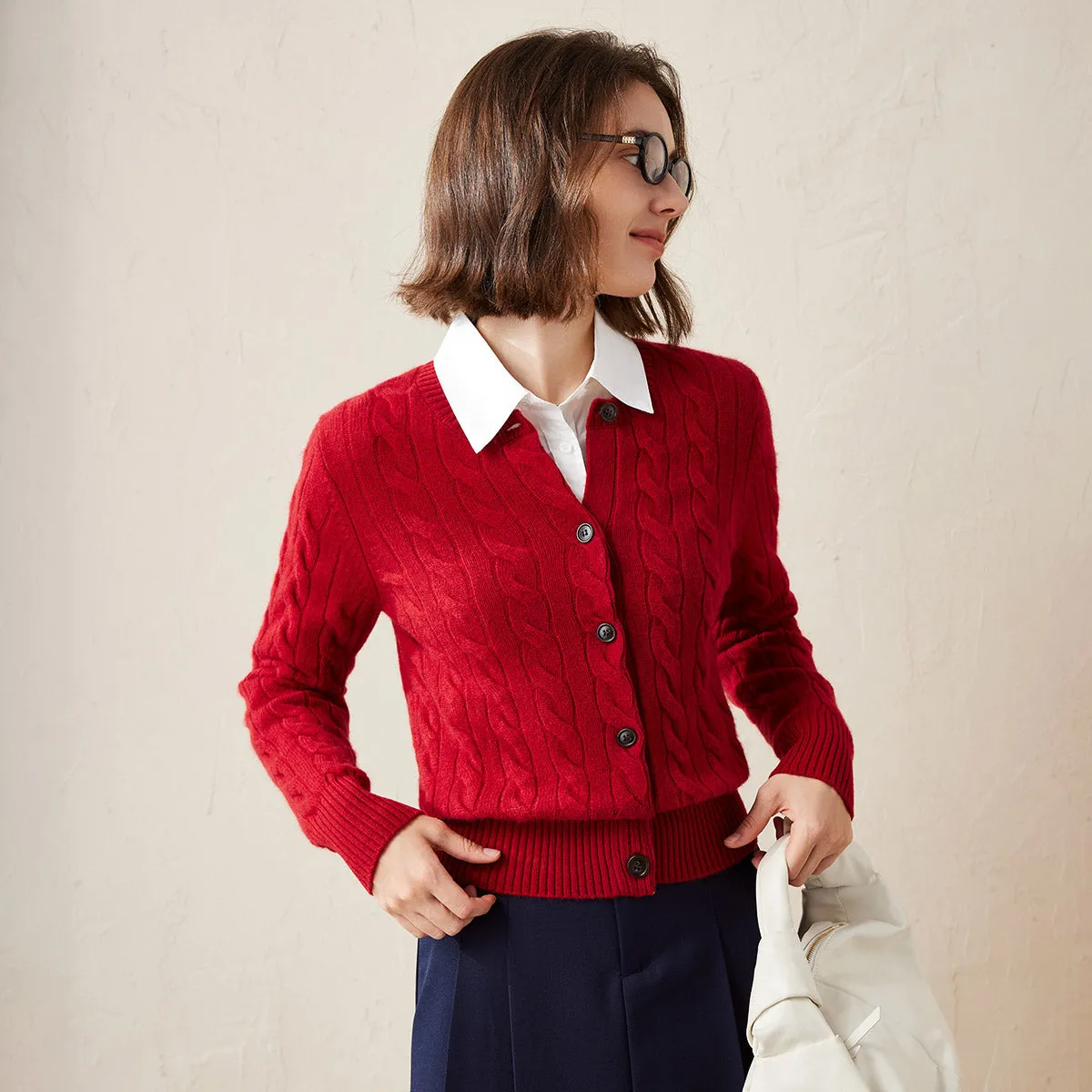 100% Cashmere Cable Knit Button-Up Cardigan