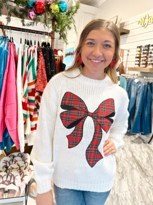 All Cheer White & Tartan Plaid Bow Sweater