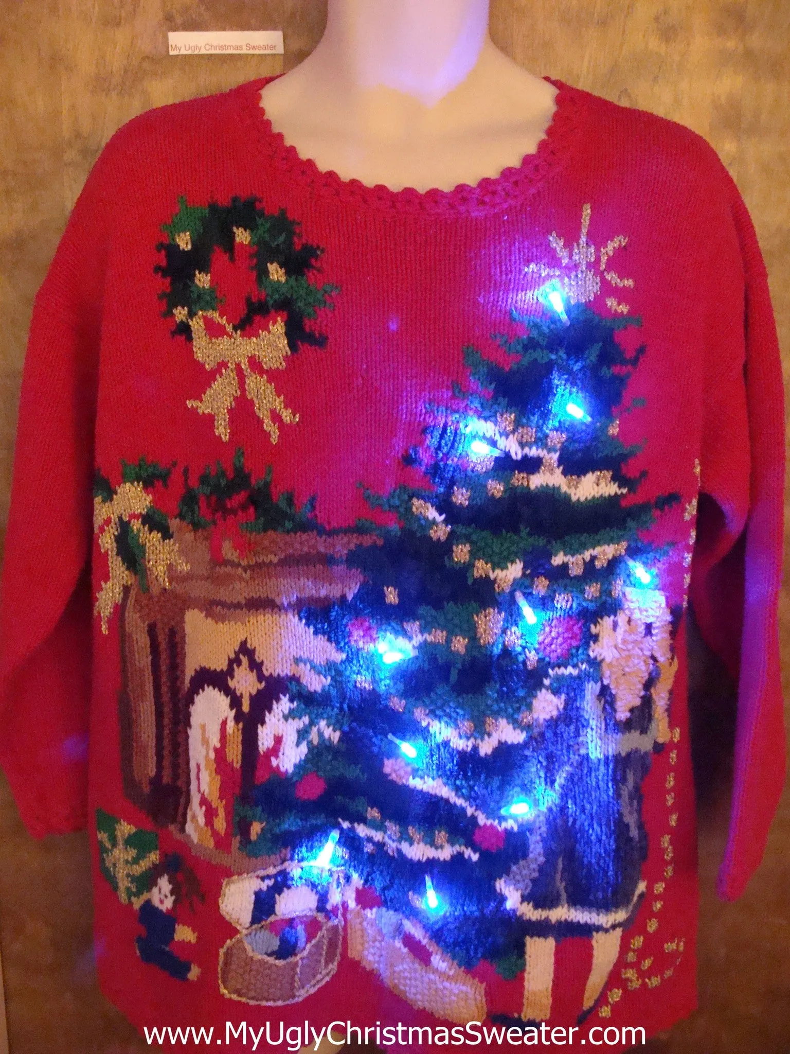 Amazing Red Light Up Ugly Xmas Sweater Girl Decorating Tree