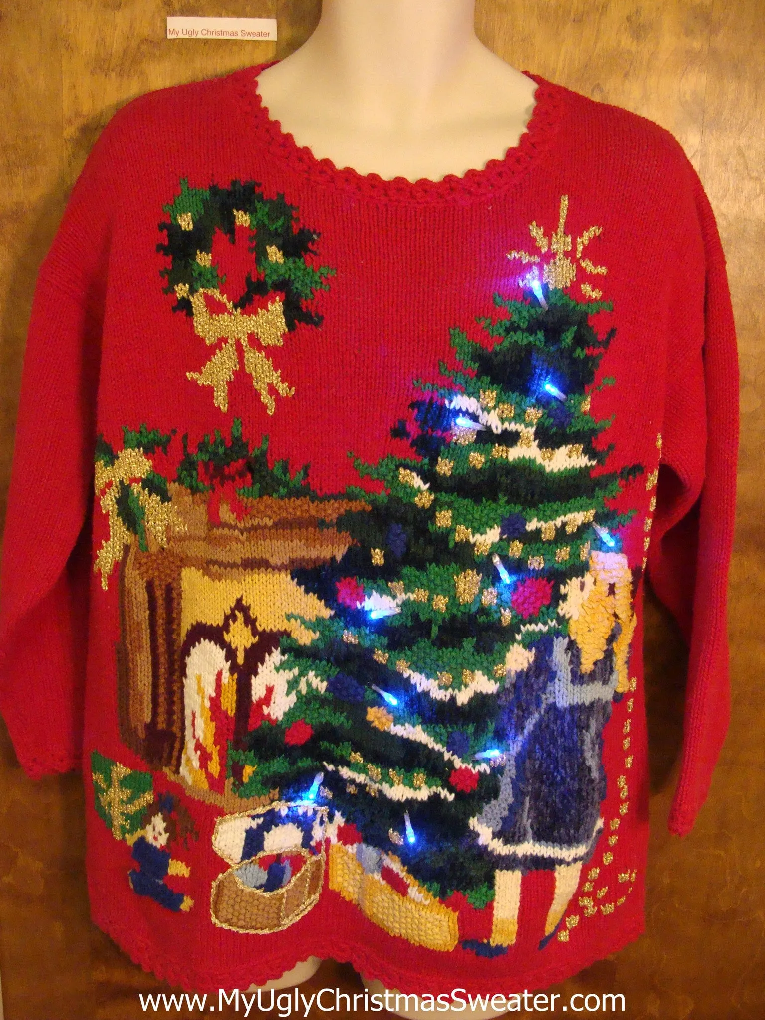 Amazing Red Light Up Ugly Xmas Sweater Girl Decorating Tree