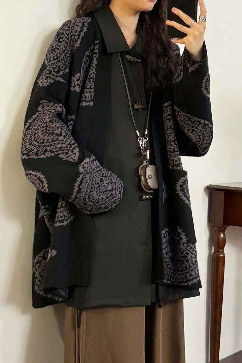 American Retro New Chinese Robe Cardigan Sweater Jacquard Collarless Knit Jacket