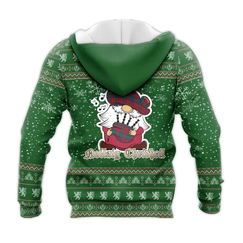 Auchinleck (Affleck) Clan Christmas Knitted Hoodie with Funny Gnome Playing Bagpipes