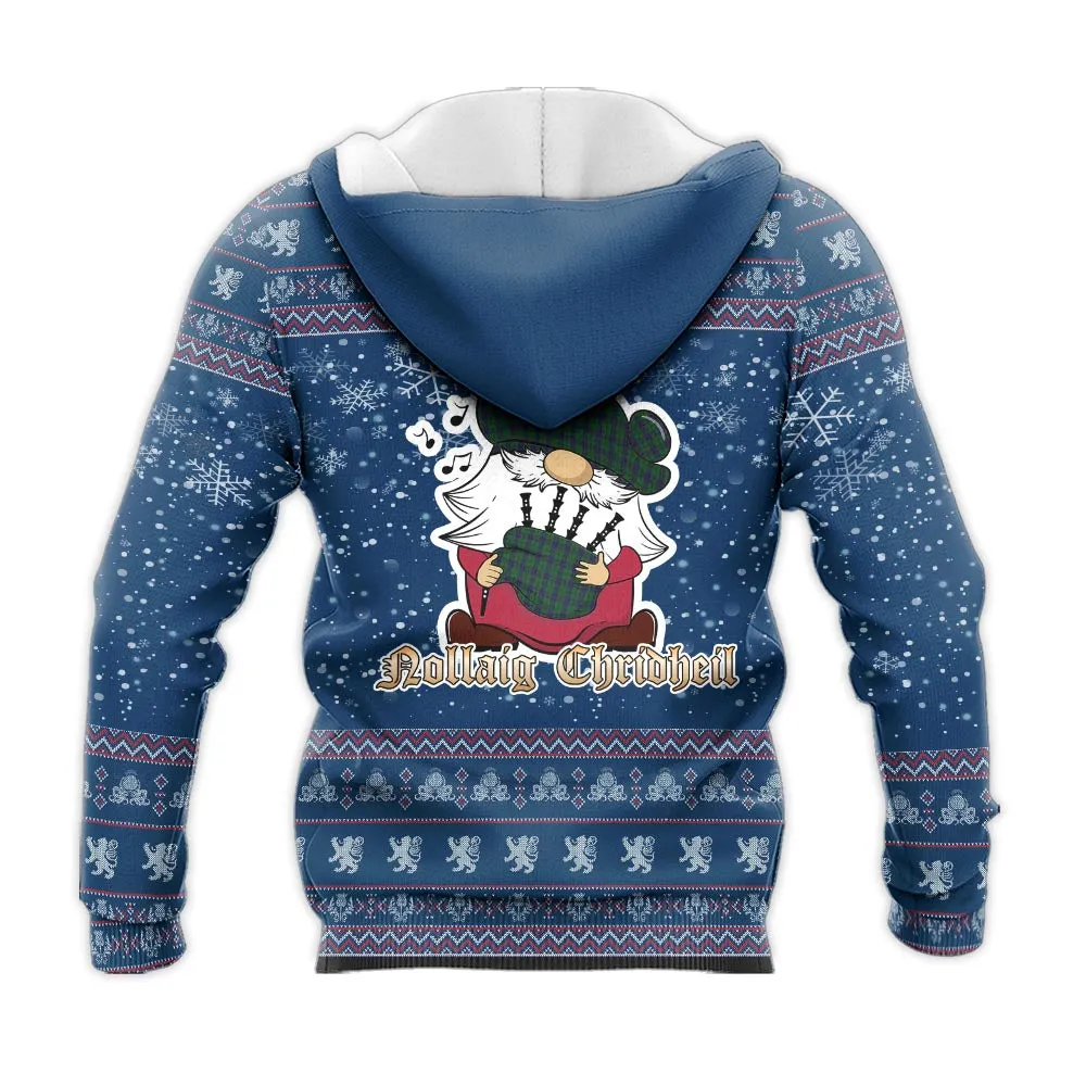 Austin Clan Christmas Knitted Hoodie with Funny Gnome Playing Bagpipes