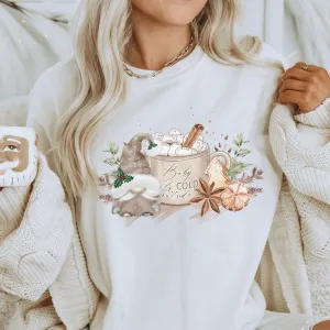 Baby It's Cold Outside Women's Christmas Hooded Sweatshirt Cute Gnome with Hot Coca White Hoodie Watercolor Hand Drawn Design