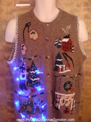 Bear Decorating a Tree Light Up Ugly Xmas Sweater Vest