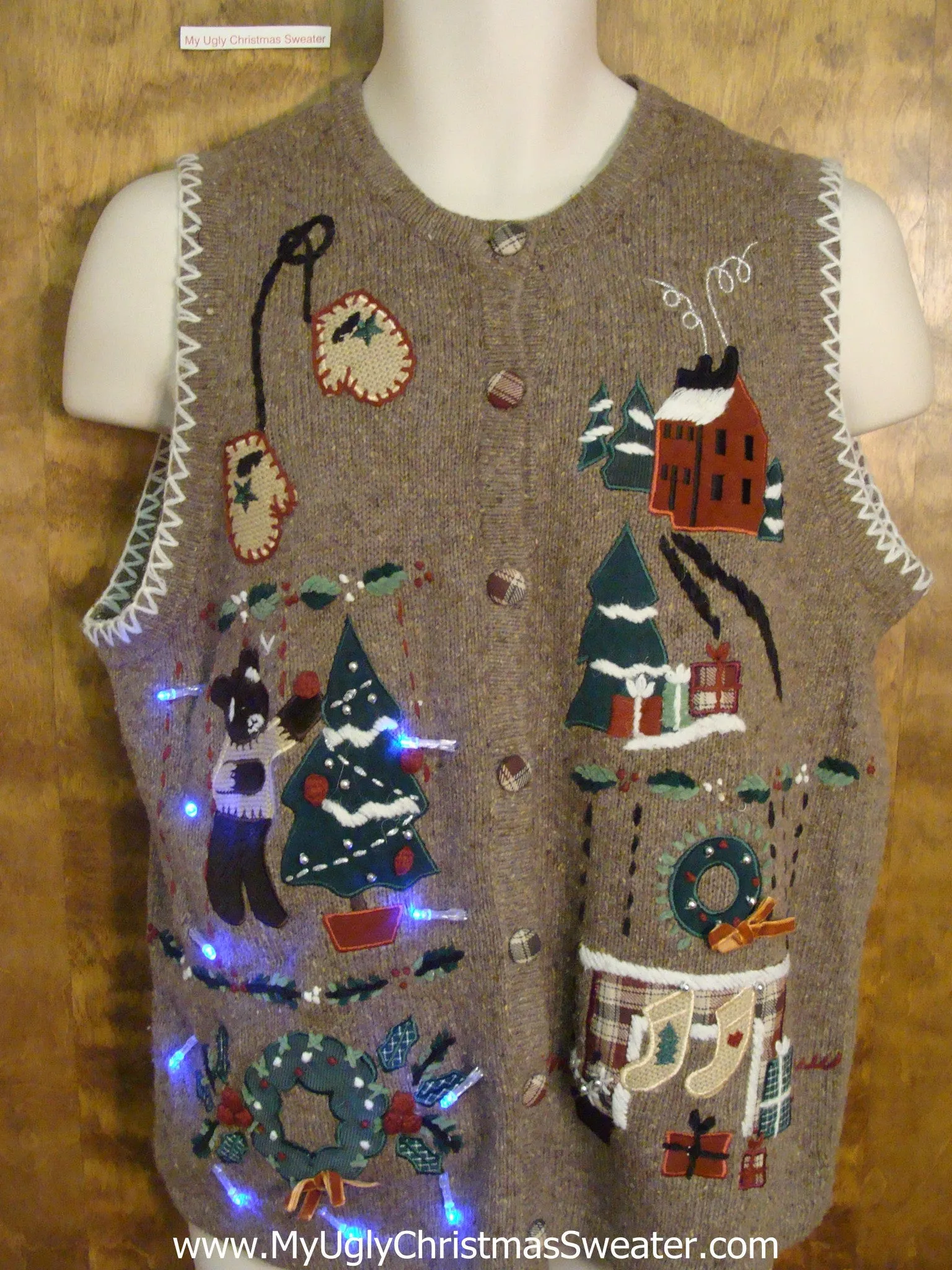 Bear Decorating a Tree Light Up Ugly Xmas Sweater Vest