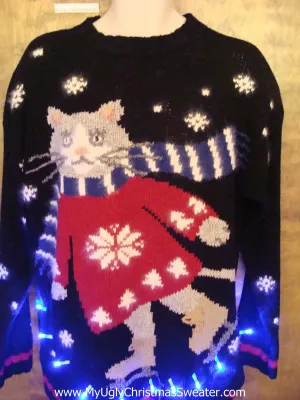 BEST Skating Cat Tacky Xmas Sweater with Lights