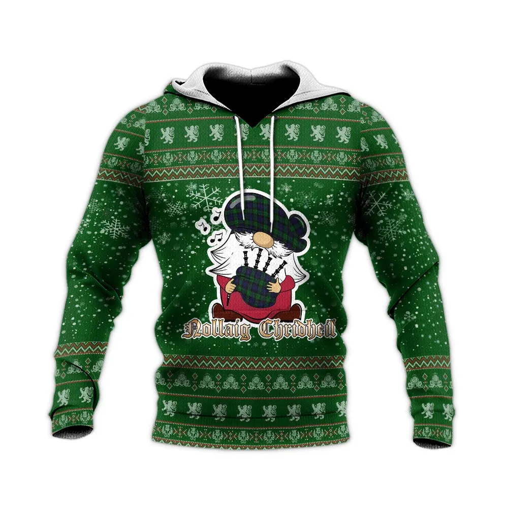 Black Watch Clan Christmas Knitted Hoodie with Funny Gnome Playing Bagpipes