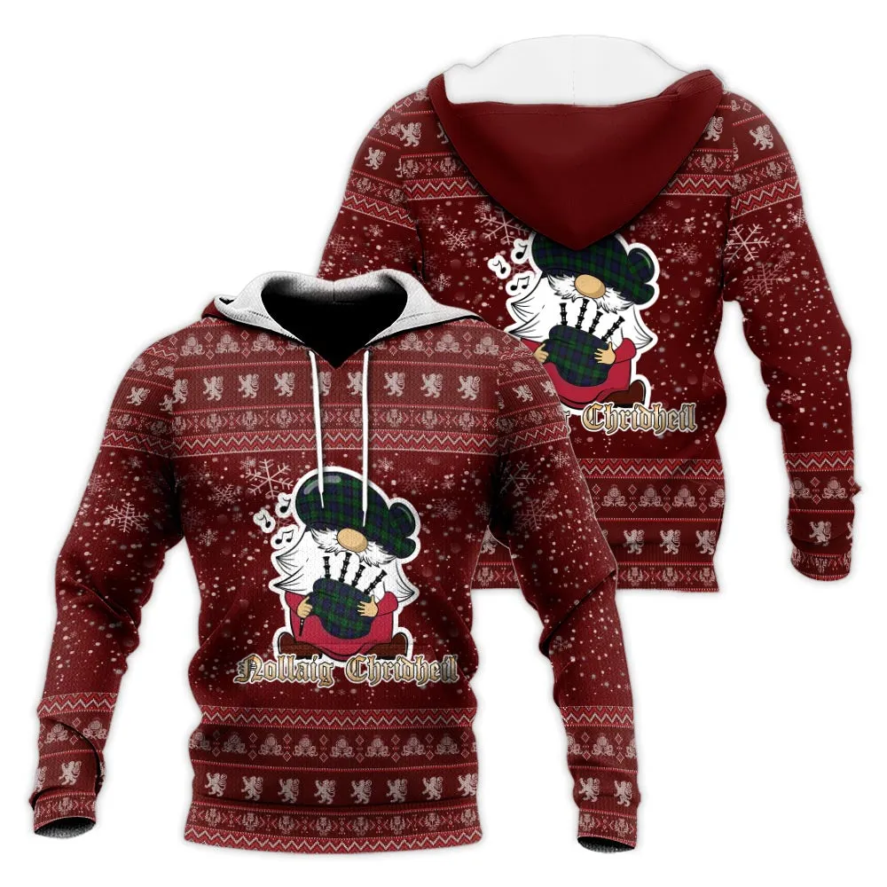 Black Watch Clan Christmas Knitted Hoodie with Funny Gnome Playing Bagpipes