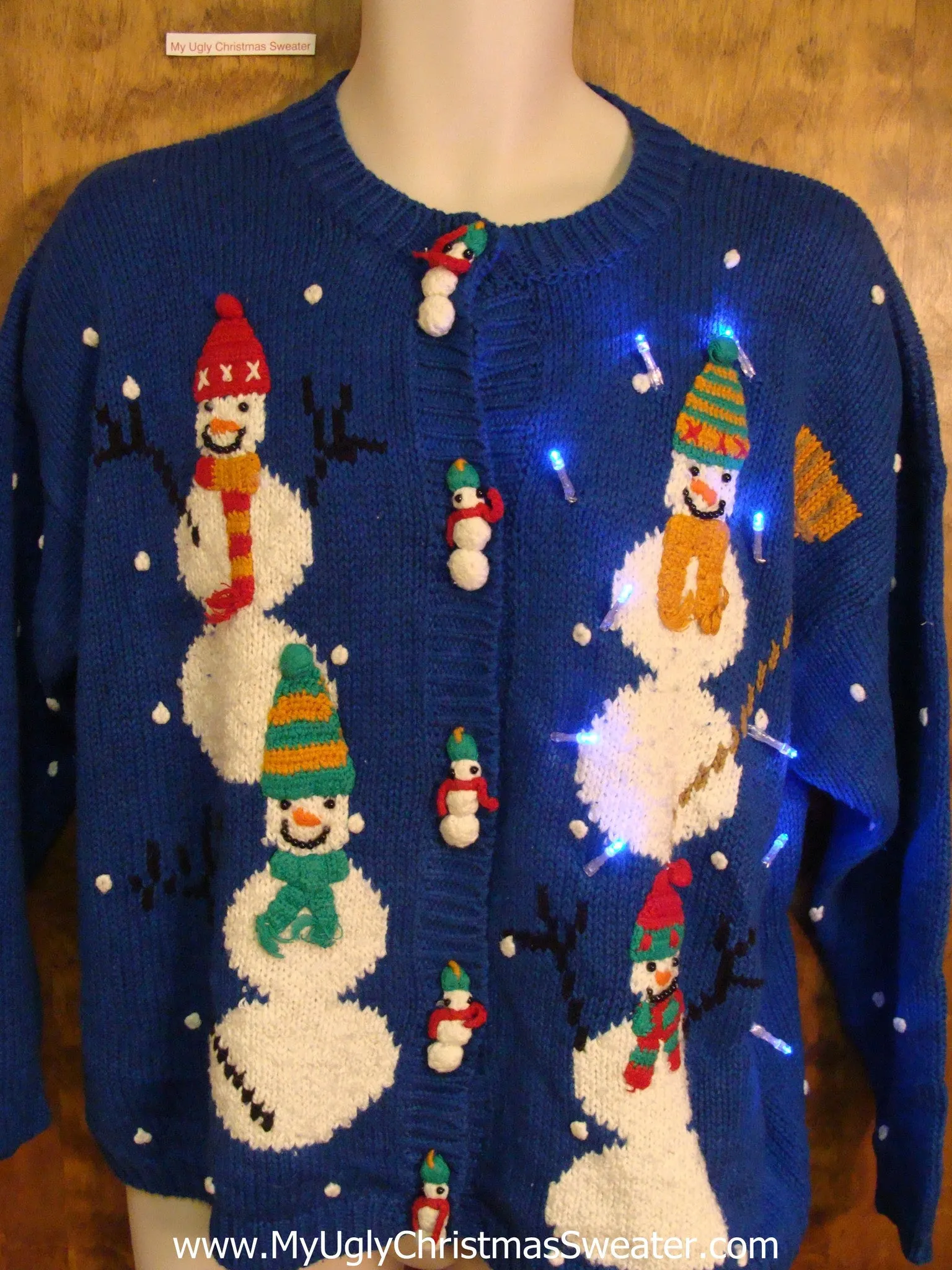 Bright Blue Light Up Ugly Xmas Sweater with Snowmen