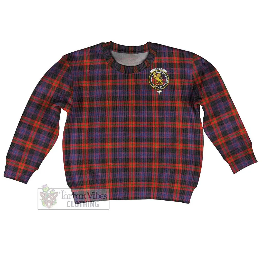 Brown (Broun) Tartan Kid Ugly Sweater with Family Crest