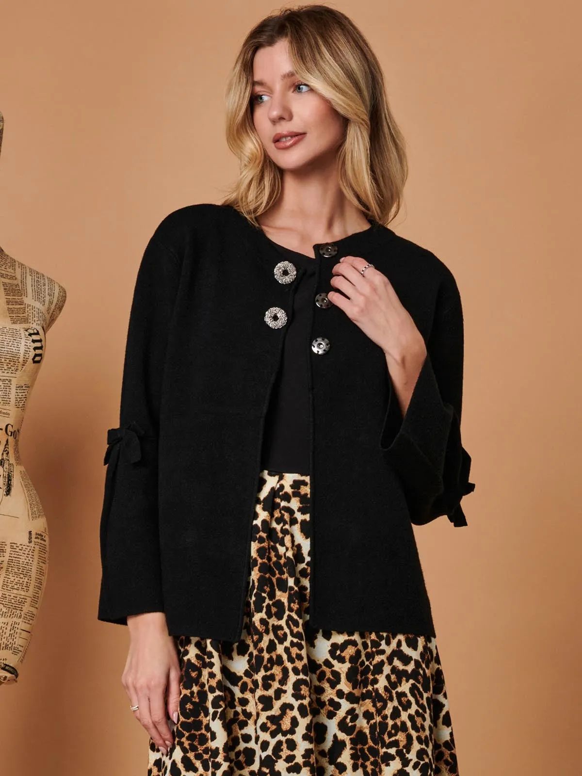 Button Bow Sleeve Knit Cardigan, Black