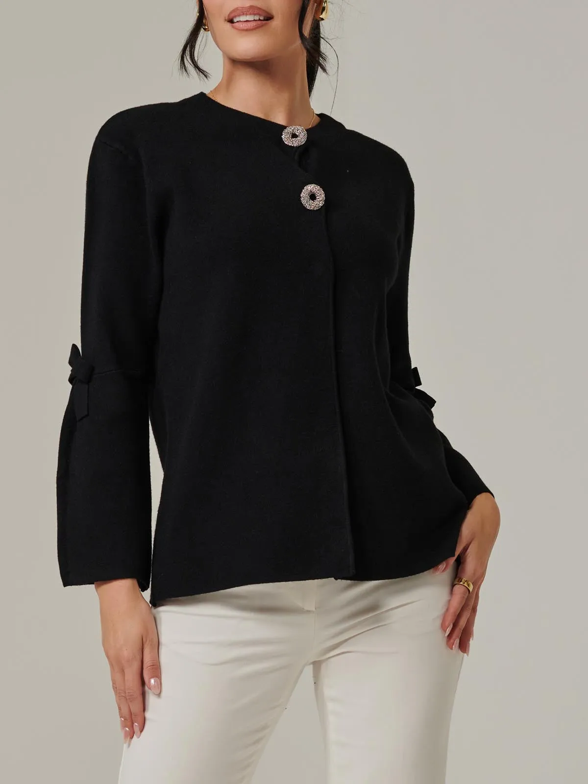 Button Bow Sleeve Knit Cardigan, Black