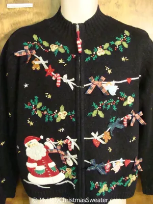 Christmas Sweater with a Clothesline of Festive Garland and Santa