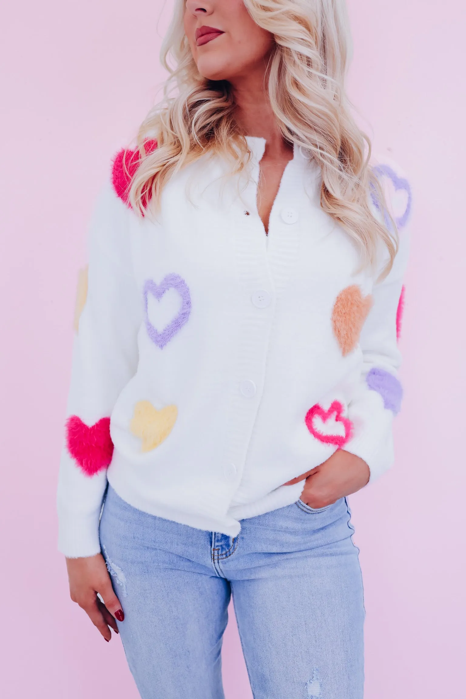 Colorful Heart Print Knit Cardigan