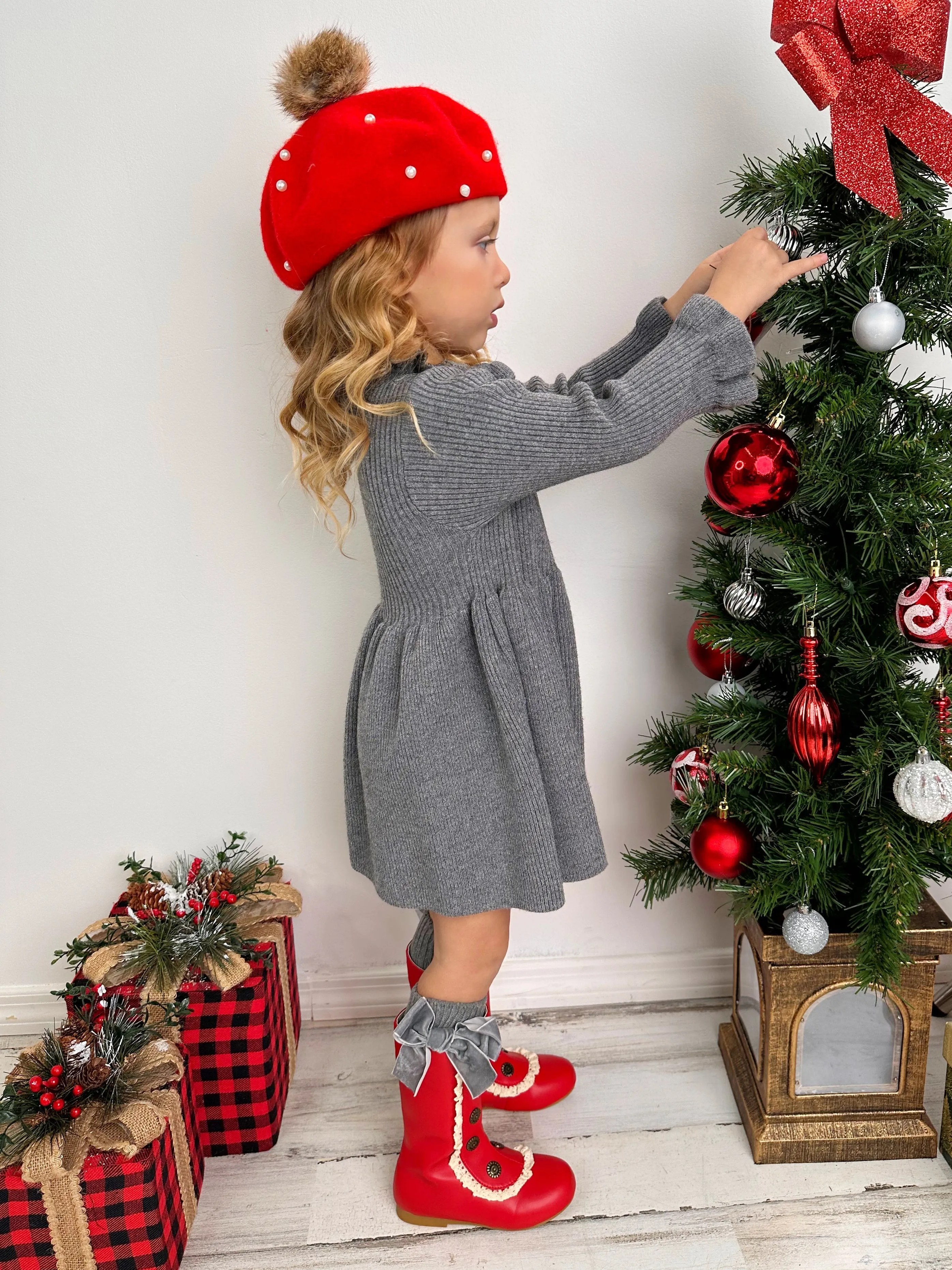 Cozy Holiday Grey Ruffle Knit Sweater Dress