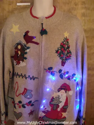 Crafty Light Up Ugly Xmas Sweater with Santa, Mittens, Cardinal