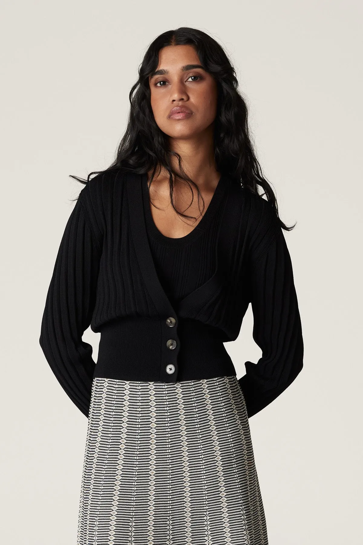 Crepe Pleat Cardigan - Black