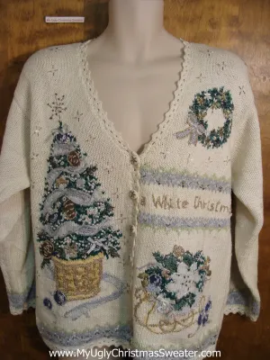 Cute 80s Holiday Sweater with Tree, Sleigh and Wreath