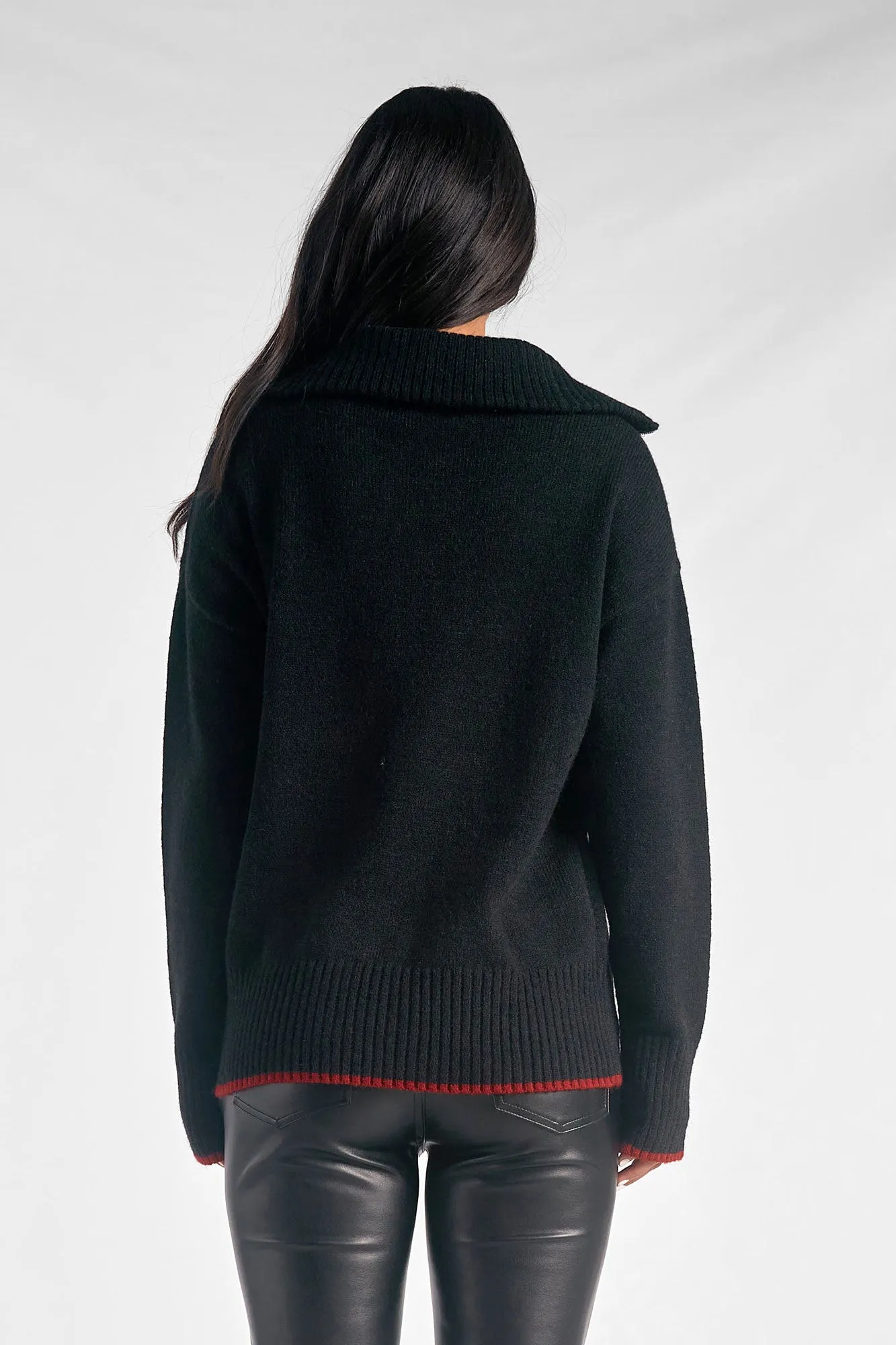 Elan Black Red "Cheers" Quarter Zip Sweater