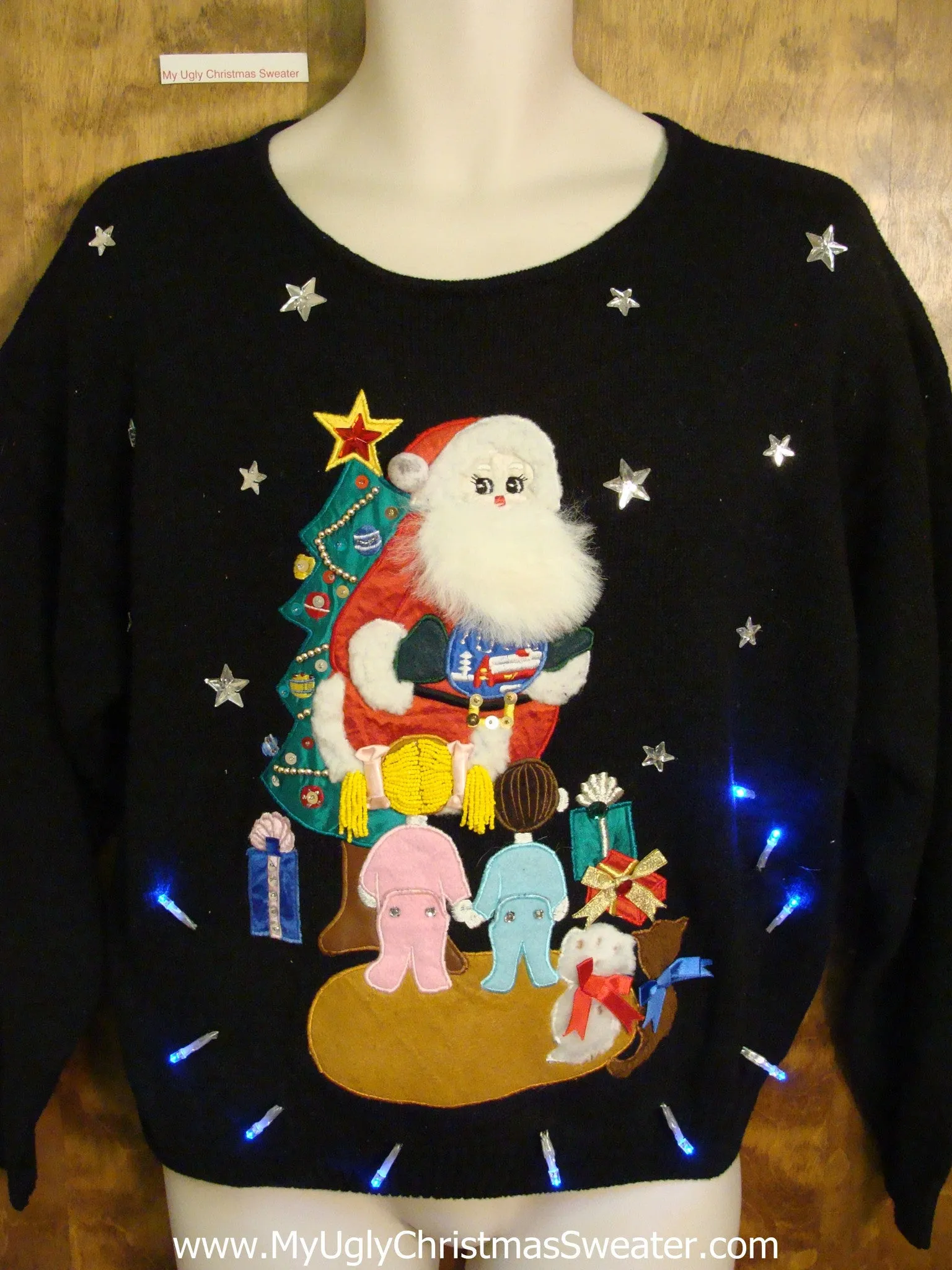 Fluffy Beard Santa 80s Light Up Ugly Xmas Sweater