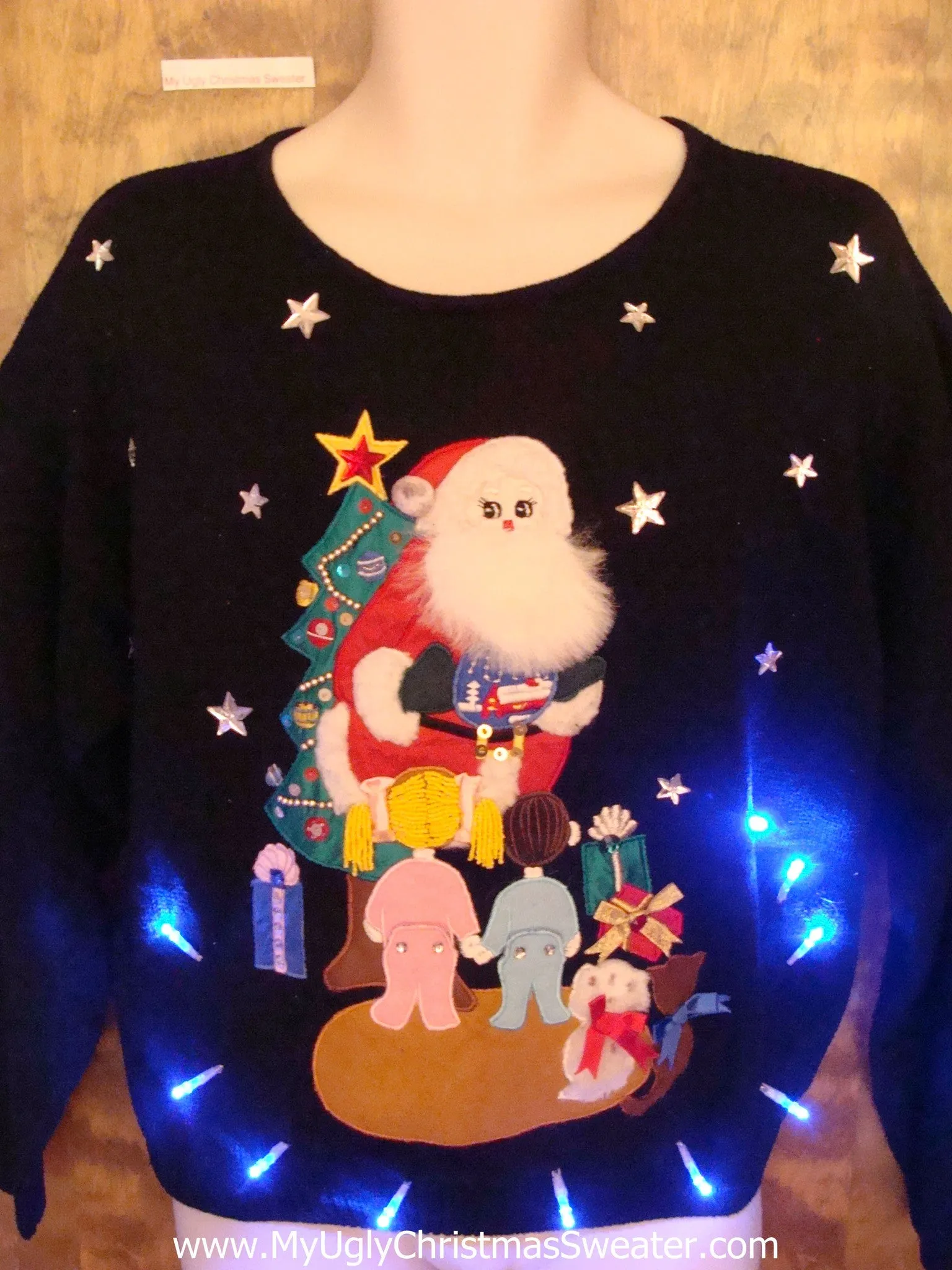 Fluffy Beard Santa 80s Light Up Ugly Xmas Sweater