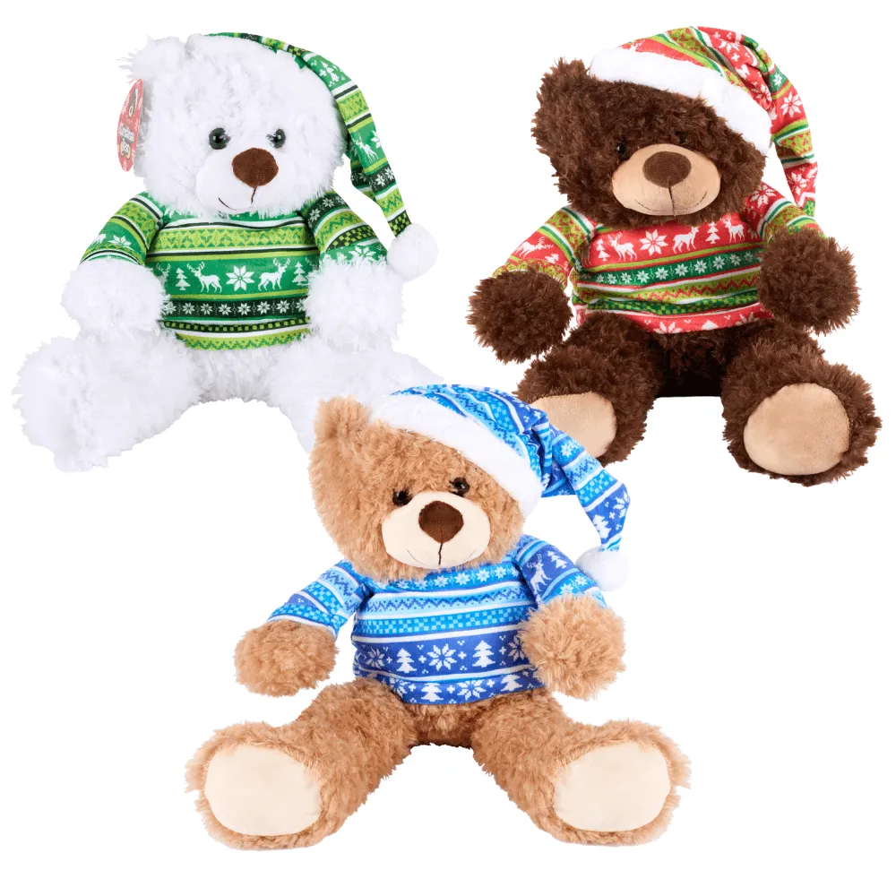 Fluffy Christmas Plush Bear Teddy Toy With Christmas Jumper & Hat -  48cm