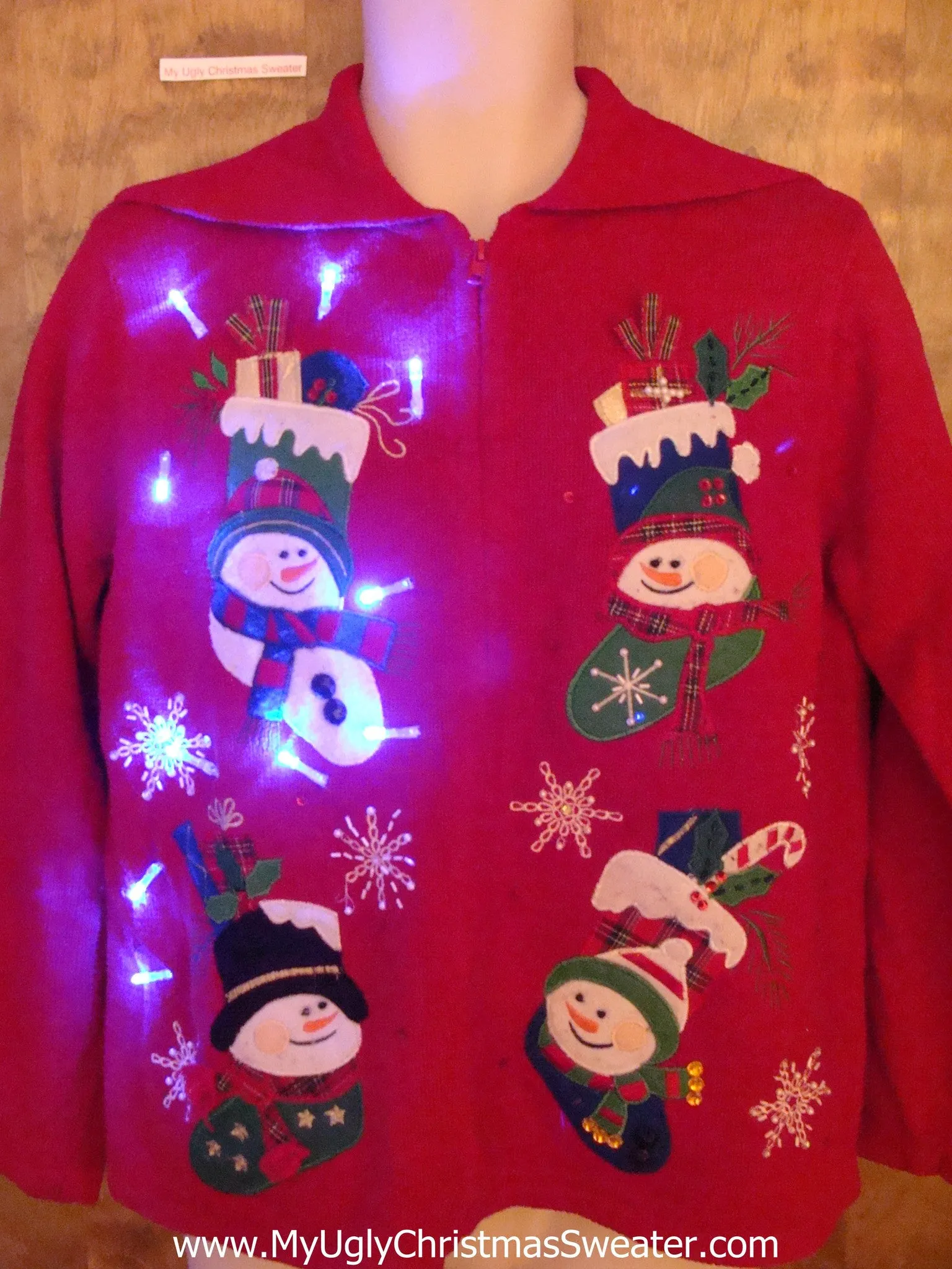 Four Snowmen Stockings Light-Up Ugly Christmas Sweater