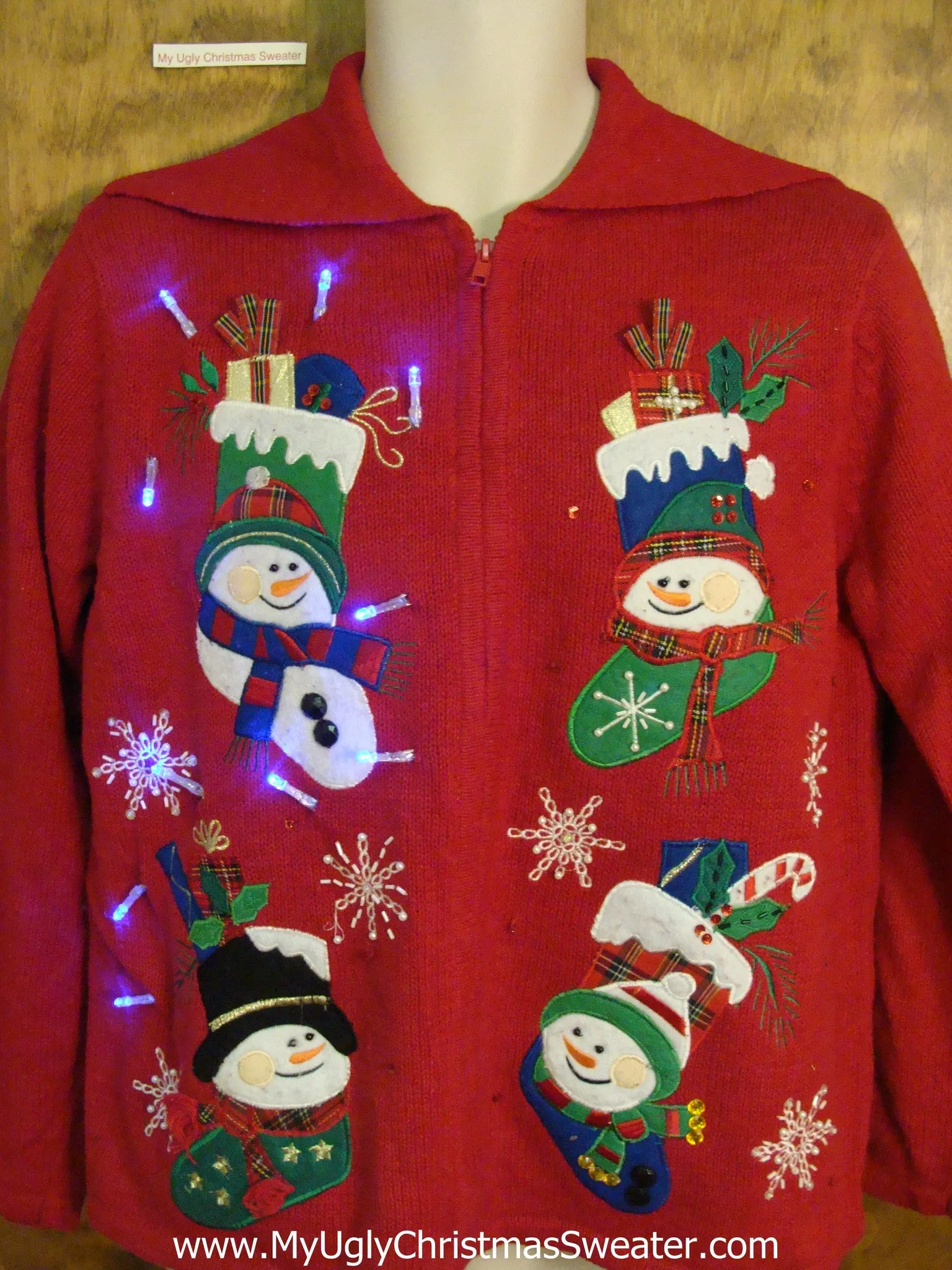 Four Snowmen Stockings Light-Up Ugly Christmas Sweater