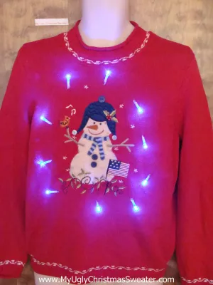 Funny Happy Snowman Light Up Ugly Xmas Sweater