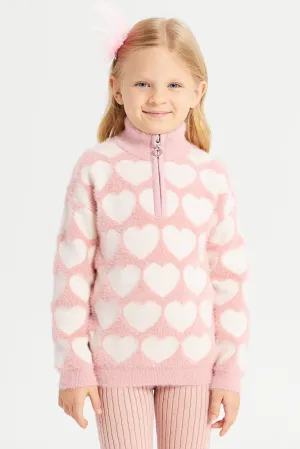 Girls Pink High Neck Heart Print Pullover