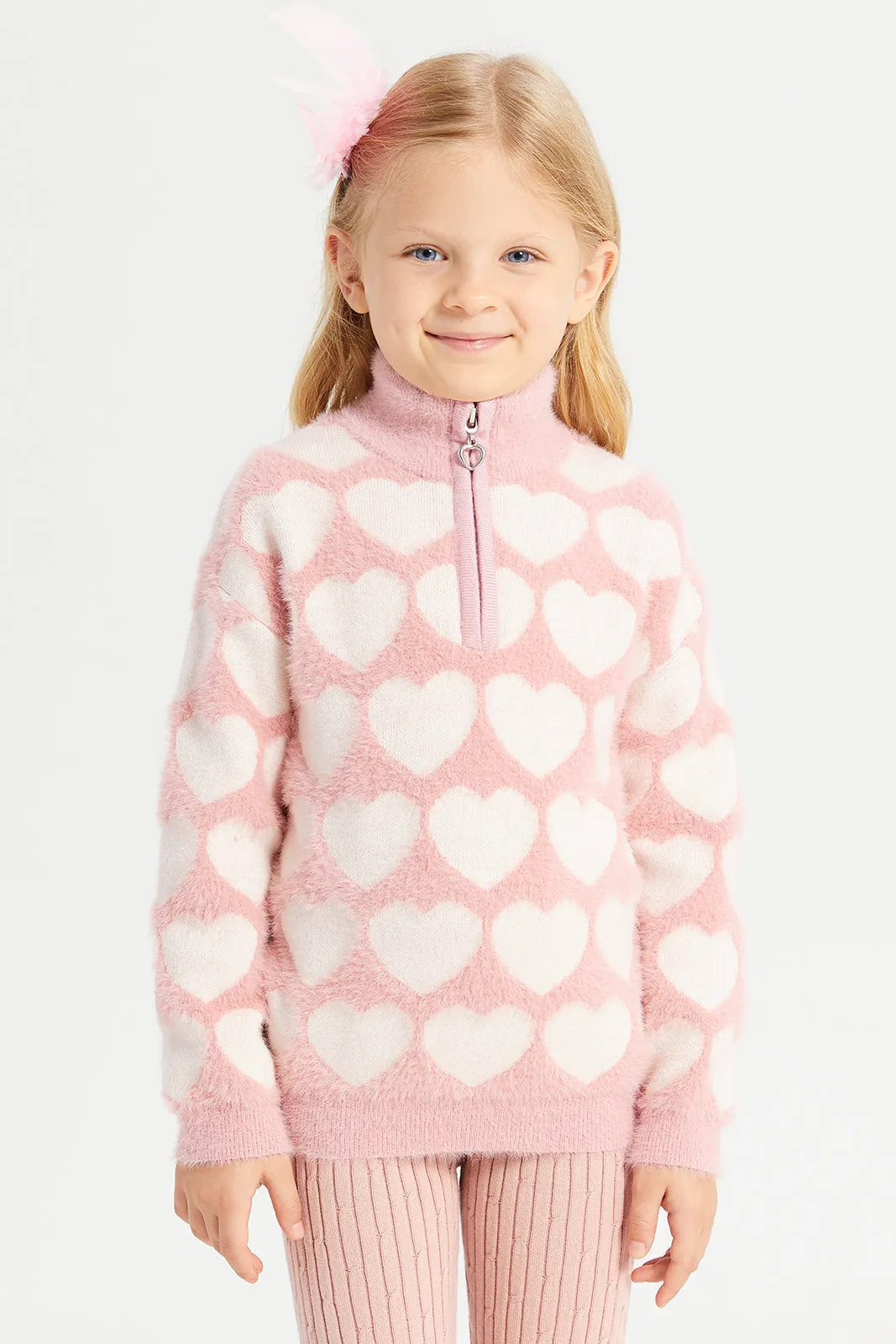 Girls Pink High Neck Heart Print Pullover