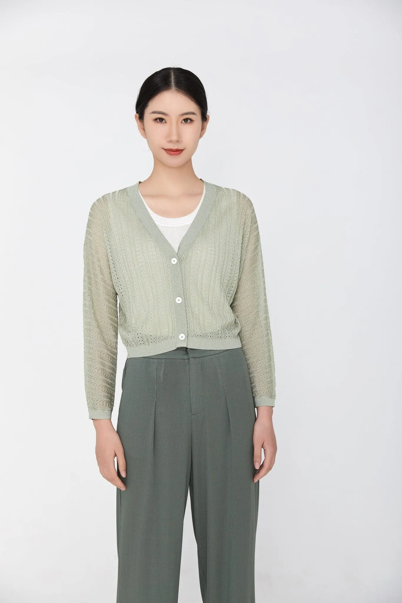 Grass Green Knitted Hollow Cardigan