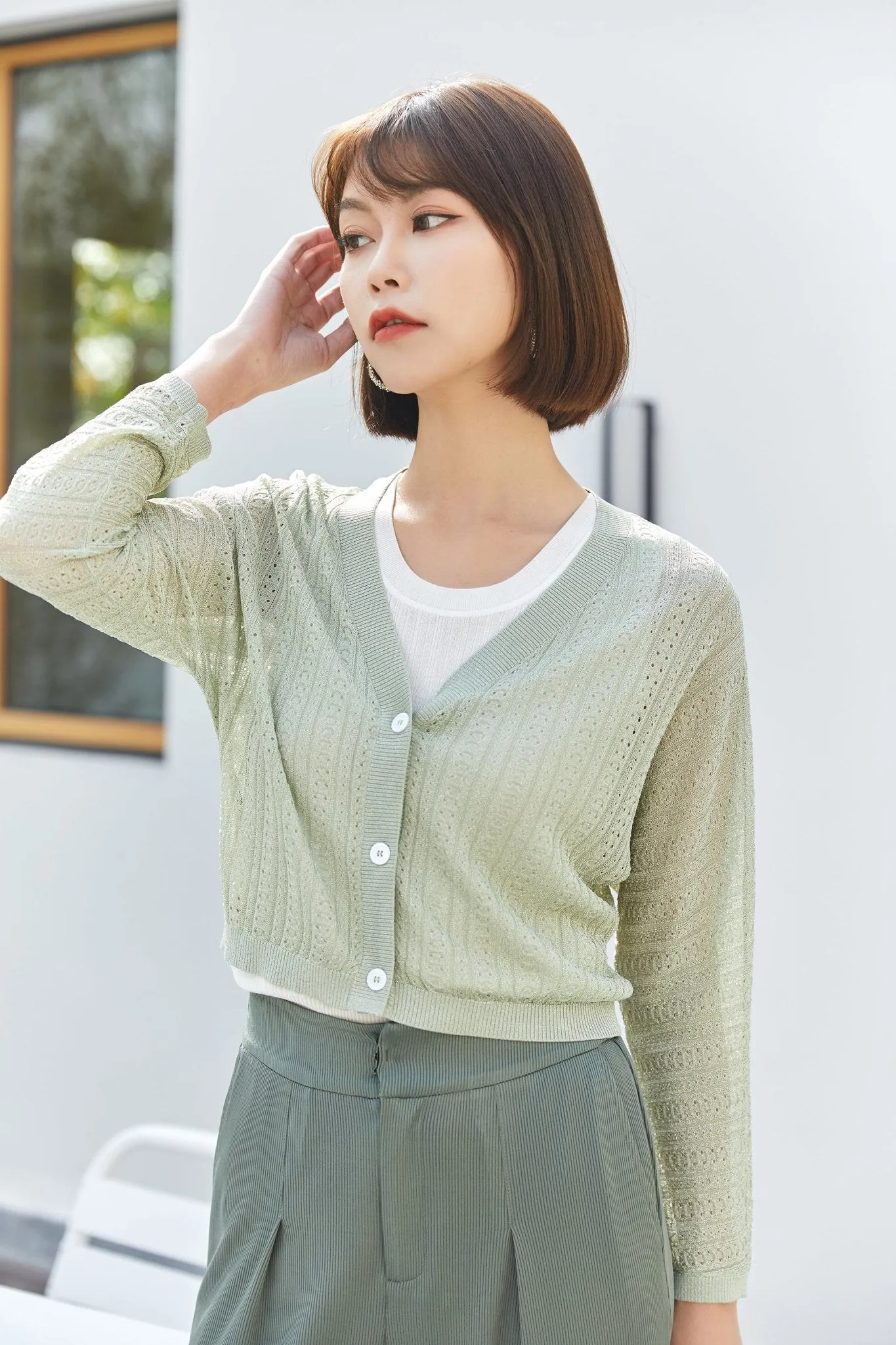 Grass Green Knitted Hollow Cardigan