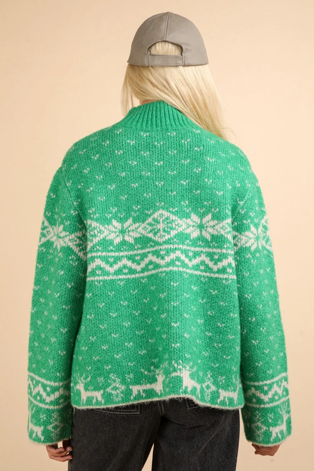 Green Christmas Element Mock Neck Long Sleeve Sweater