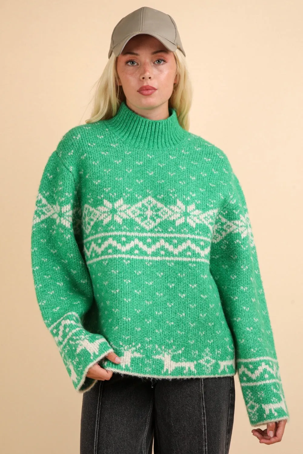 Green Christmas Element Mock Neck Long Sleeve Sweater