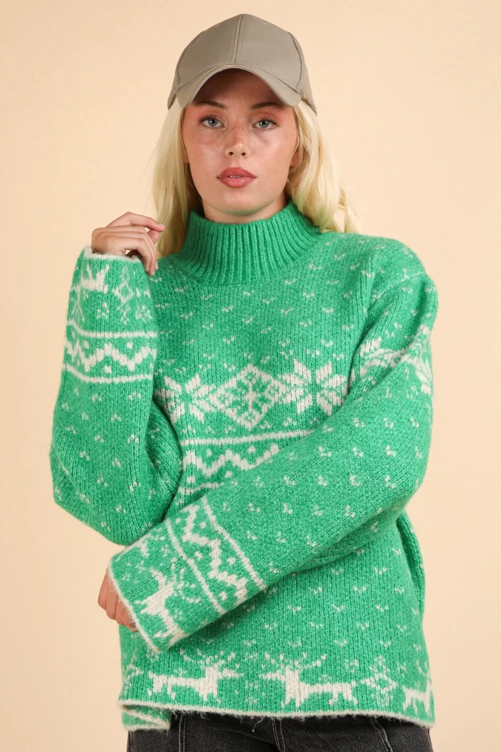 Green Christmas Element Mock Neck Long Sleeve Sweater