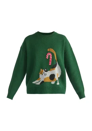 Green Christmas Jumper With Cat and Candy Cane