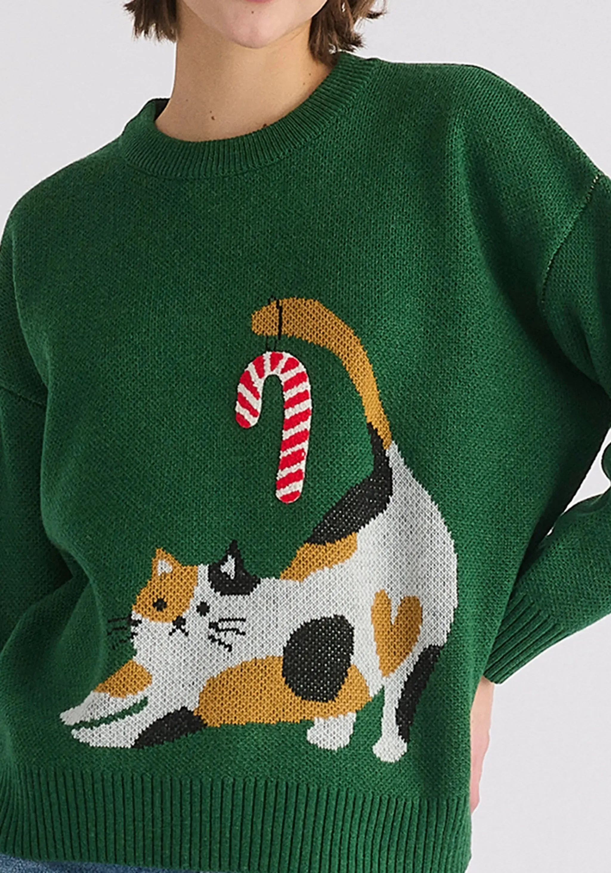 Green Christmas Jumper With Cat and Candy Cane