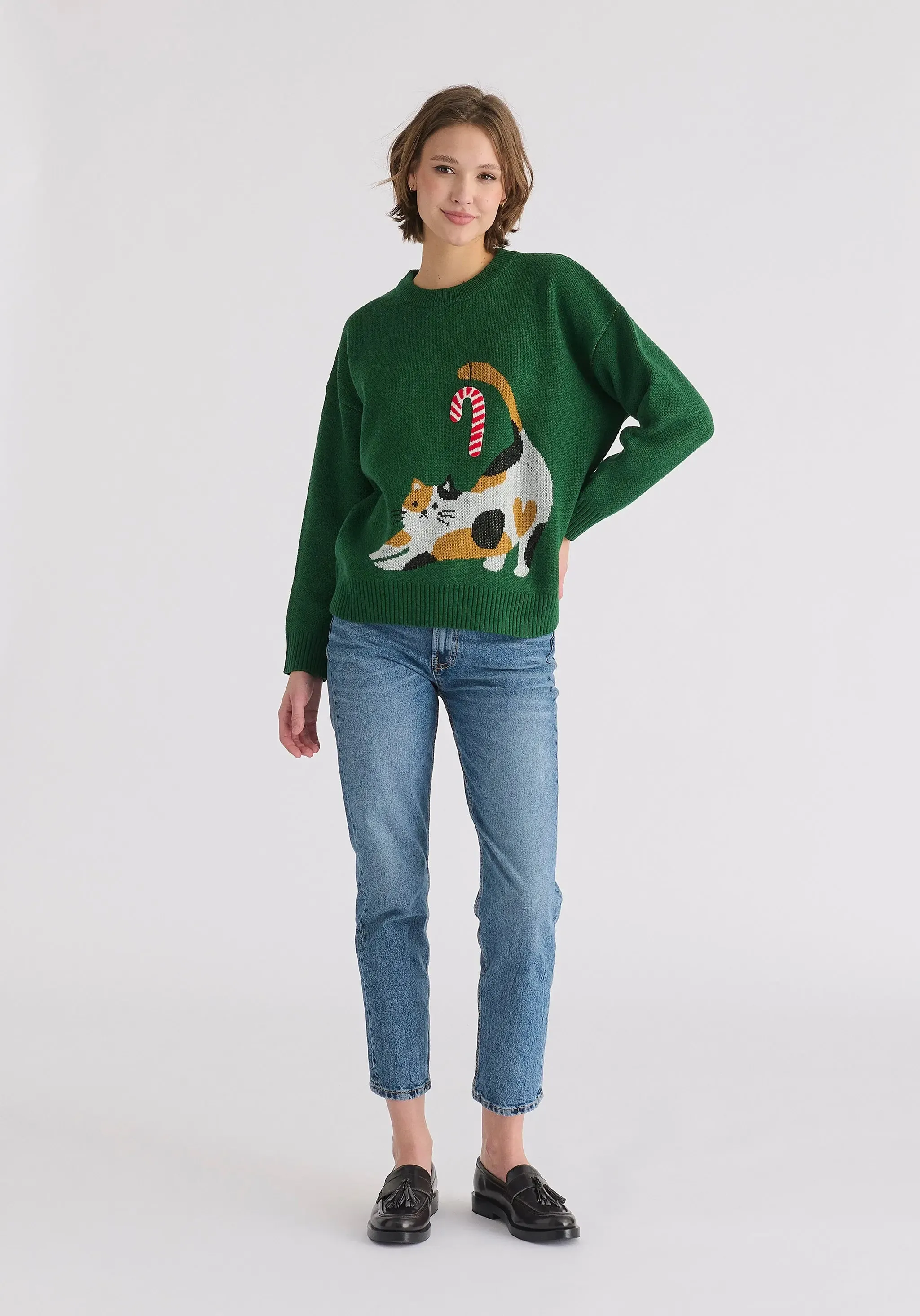 Green Christmas Jumper With Cat and Candy Cane