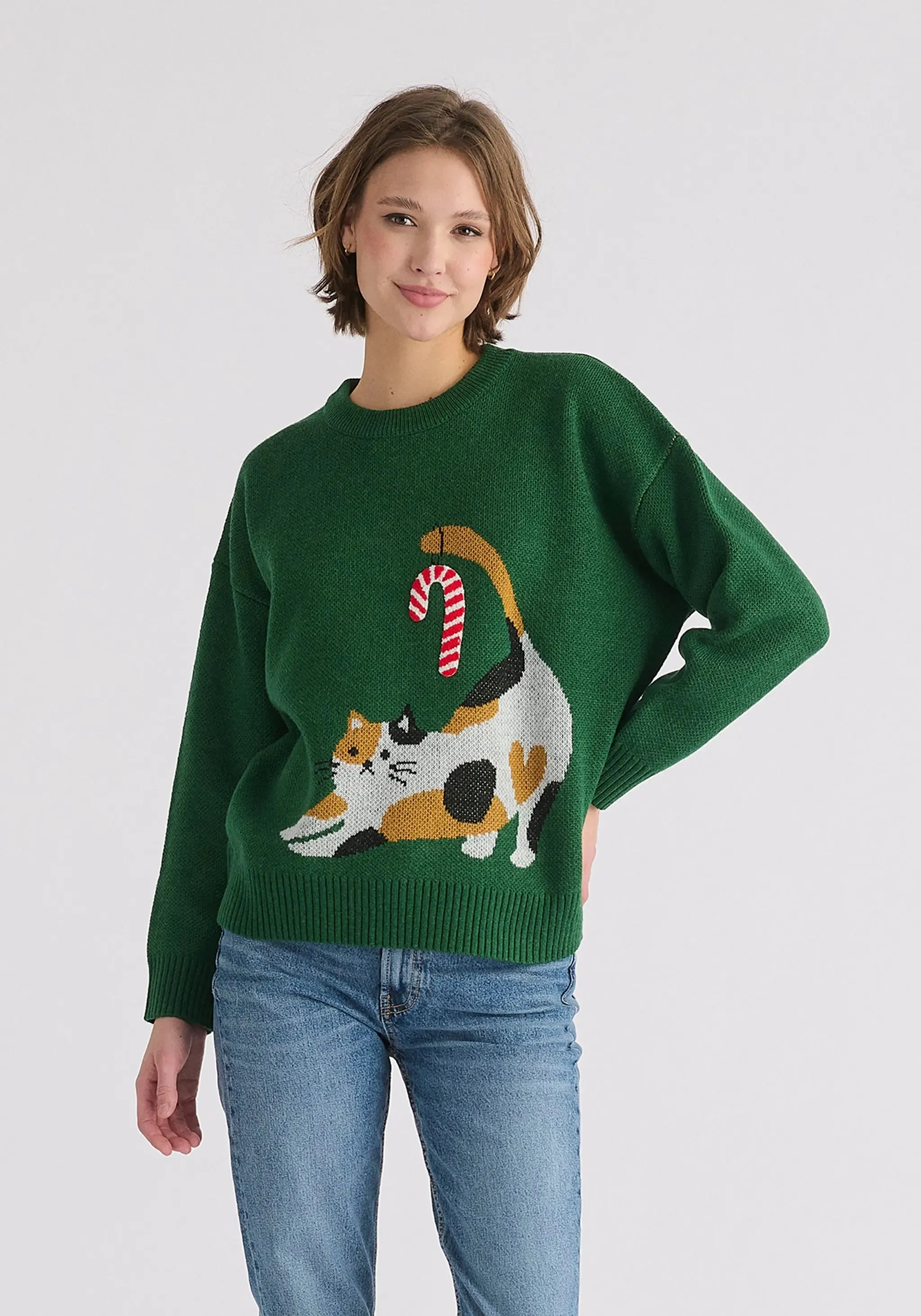 Green Christmas Jumper With Cat and Candy Cane