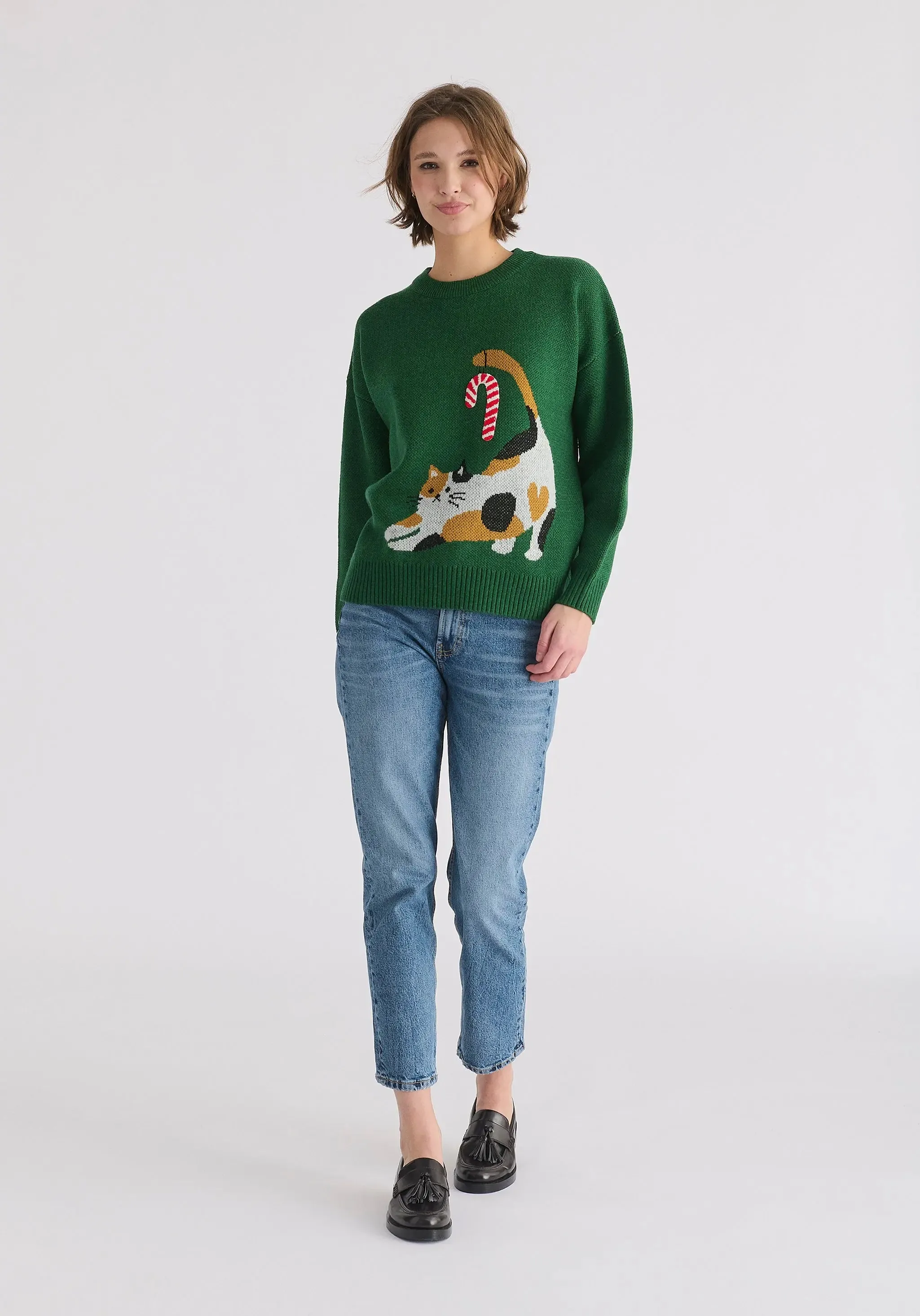 Green Christmas Jumper With Cat and Candy Cane