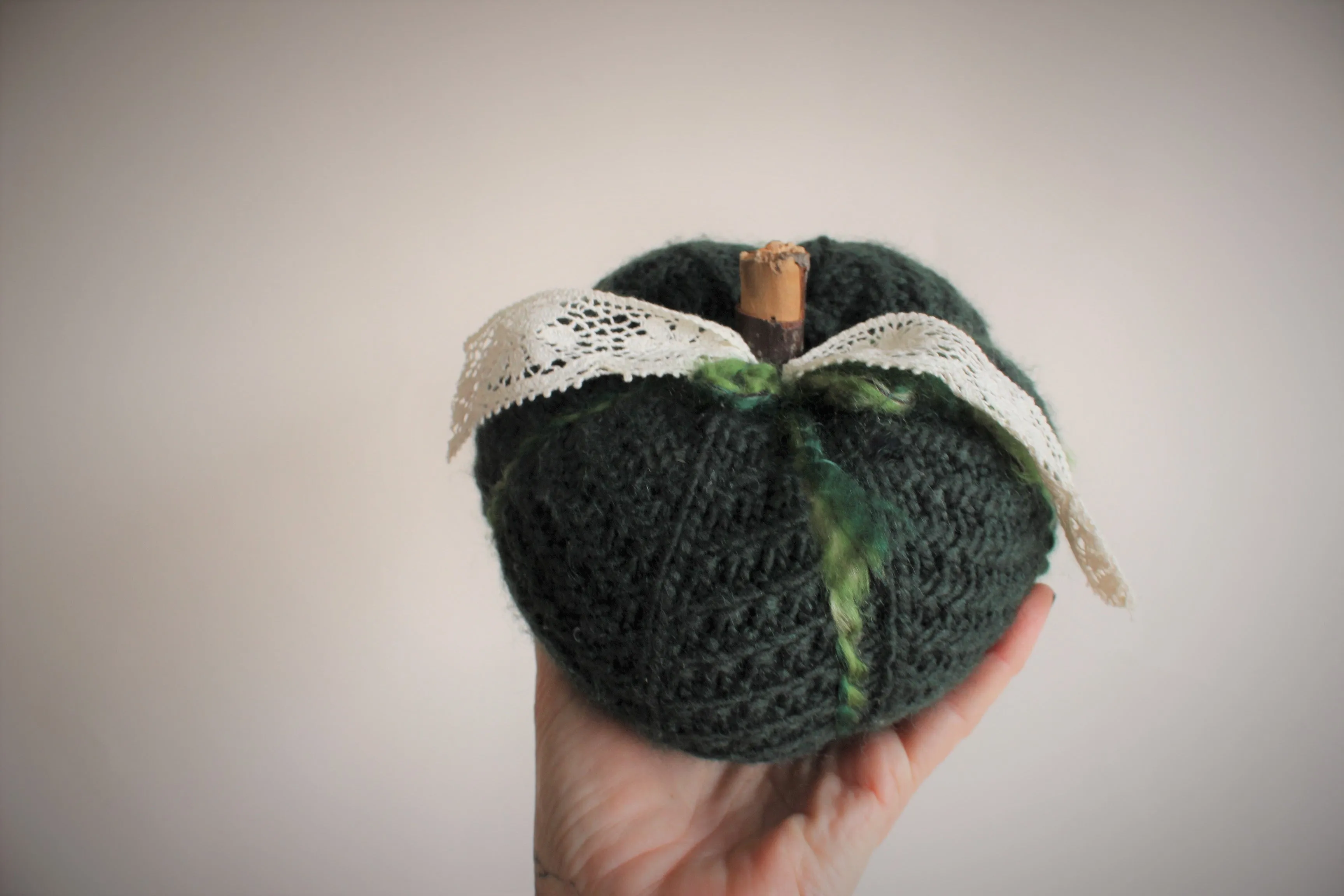 Green Knit Pumpkin PIllow Pouf with Vintage Lace and Wooden Stem