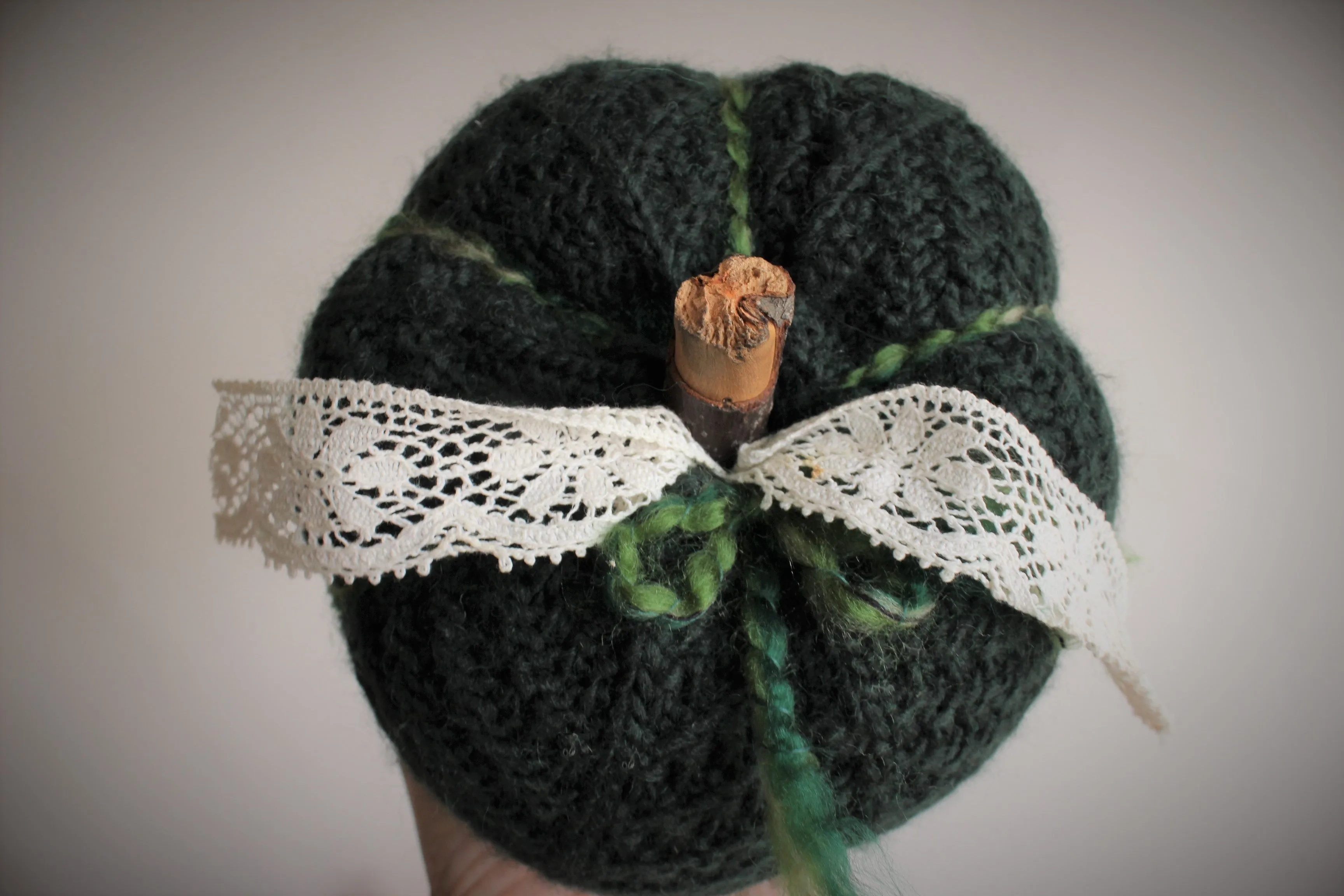 Green Knit Pumpkin PIllow Pouf with Vintage Lace and Wooden Stem