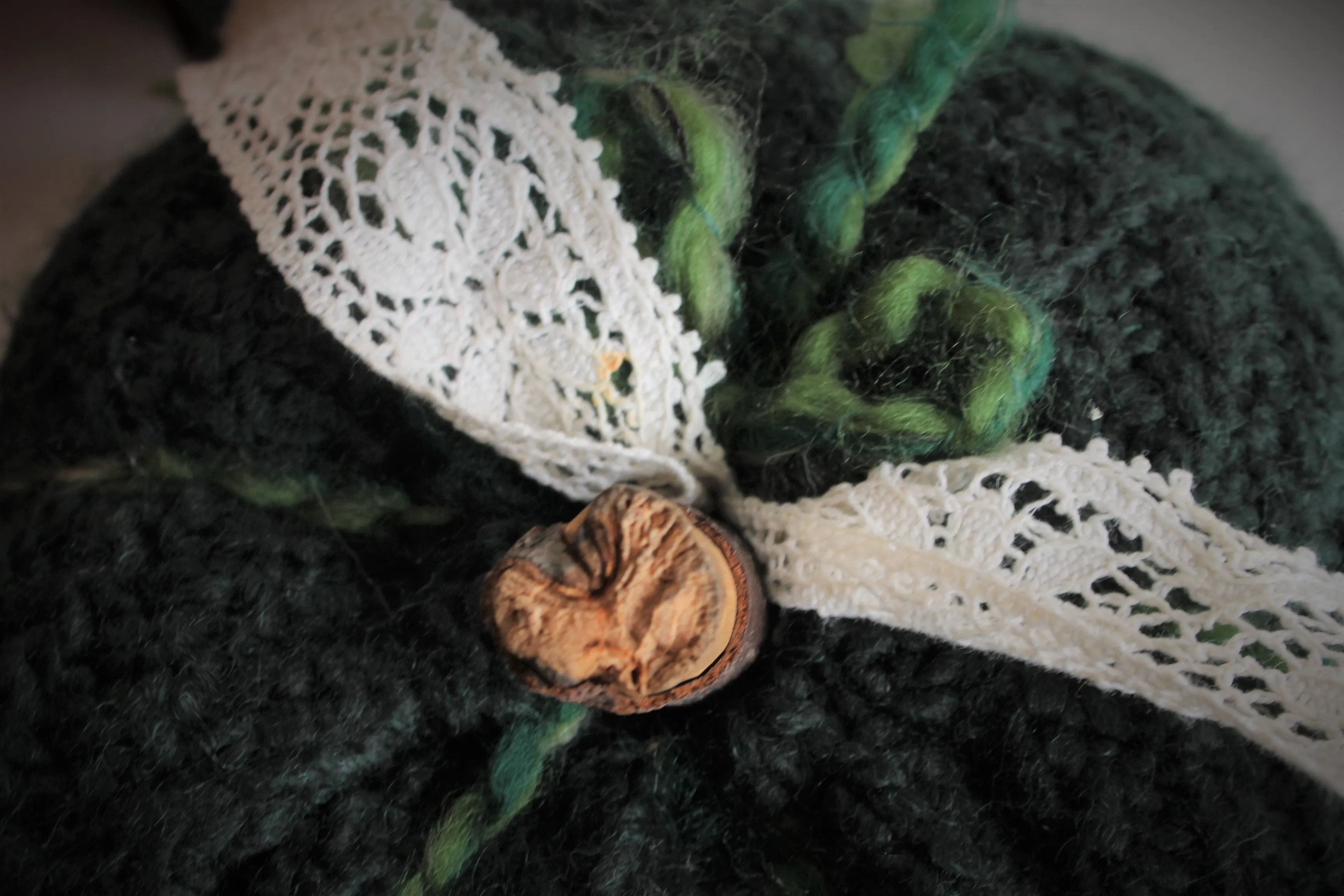 Green Knit Pumpkin PIllow Pouf with Vintage Lace and Wooden Stem