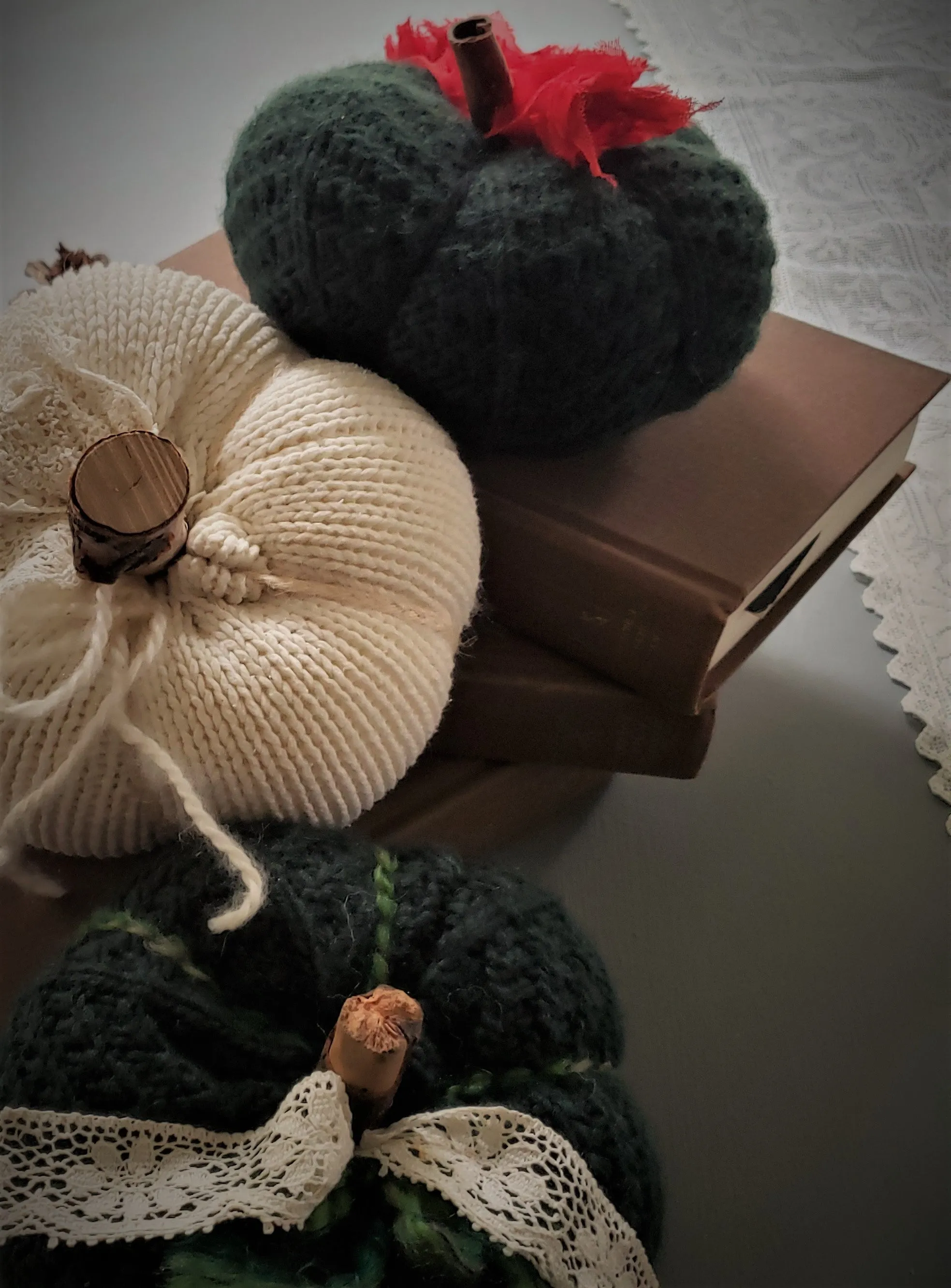 Green Knit Pumpkin PIllow Pouf with Vintage Lace and Wooden Stem