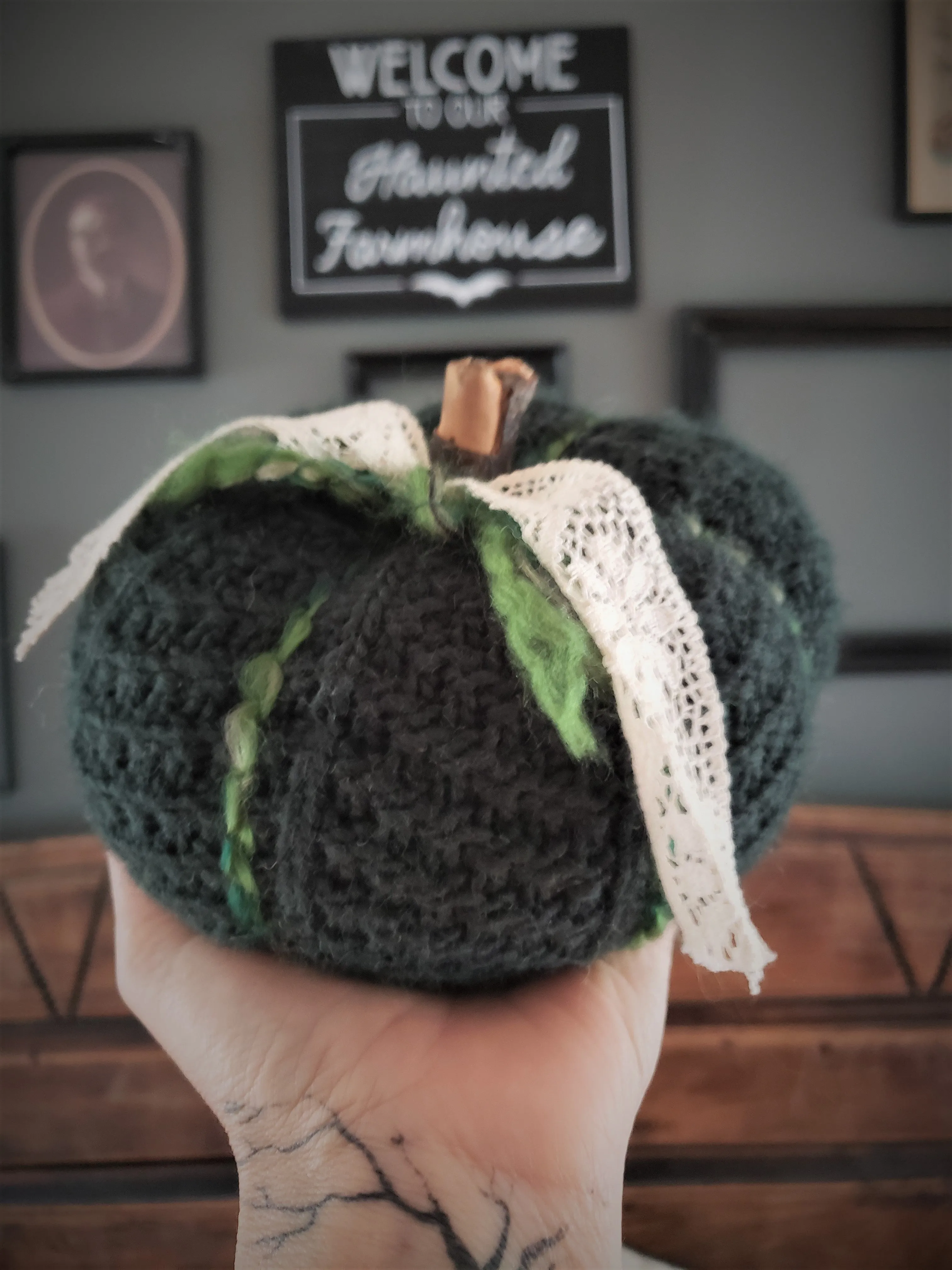 Green Knit Pumpkin PIllow Pouf with Vintage Lace and Wooden Stem