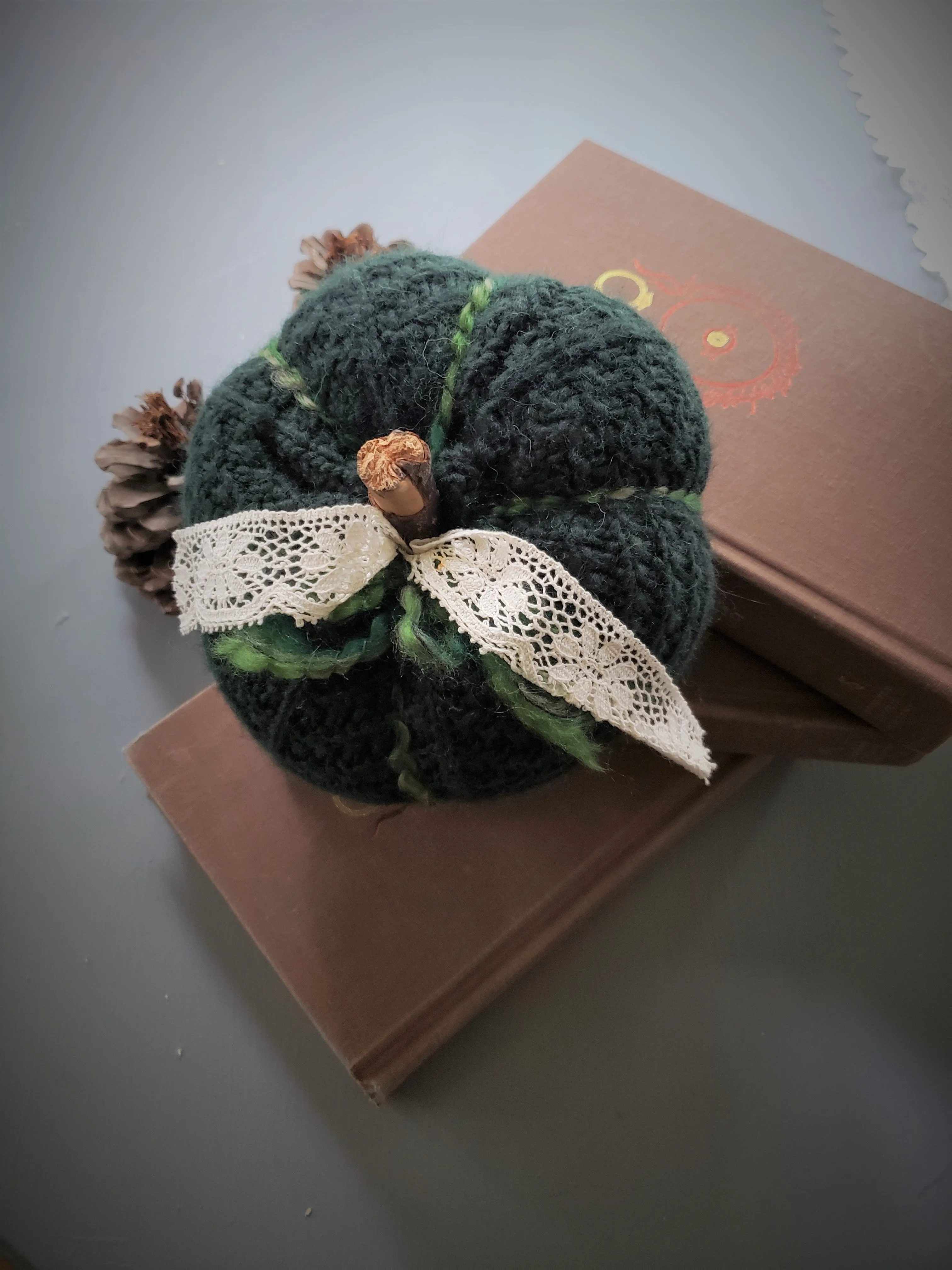 Green Knit Pumpkin PIllow Pouf with Vintage Lace and Wooden Stem