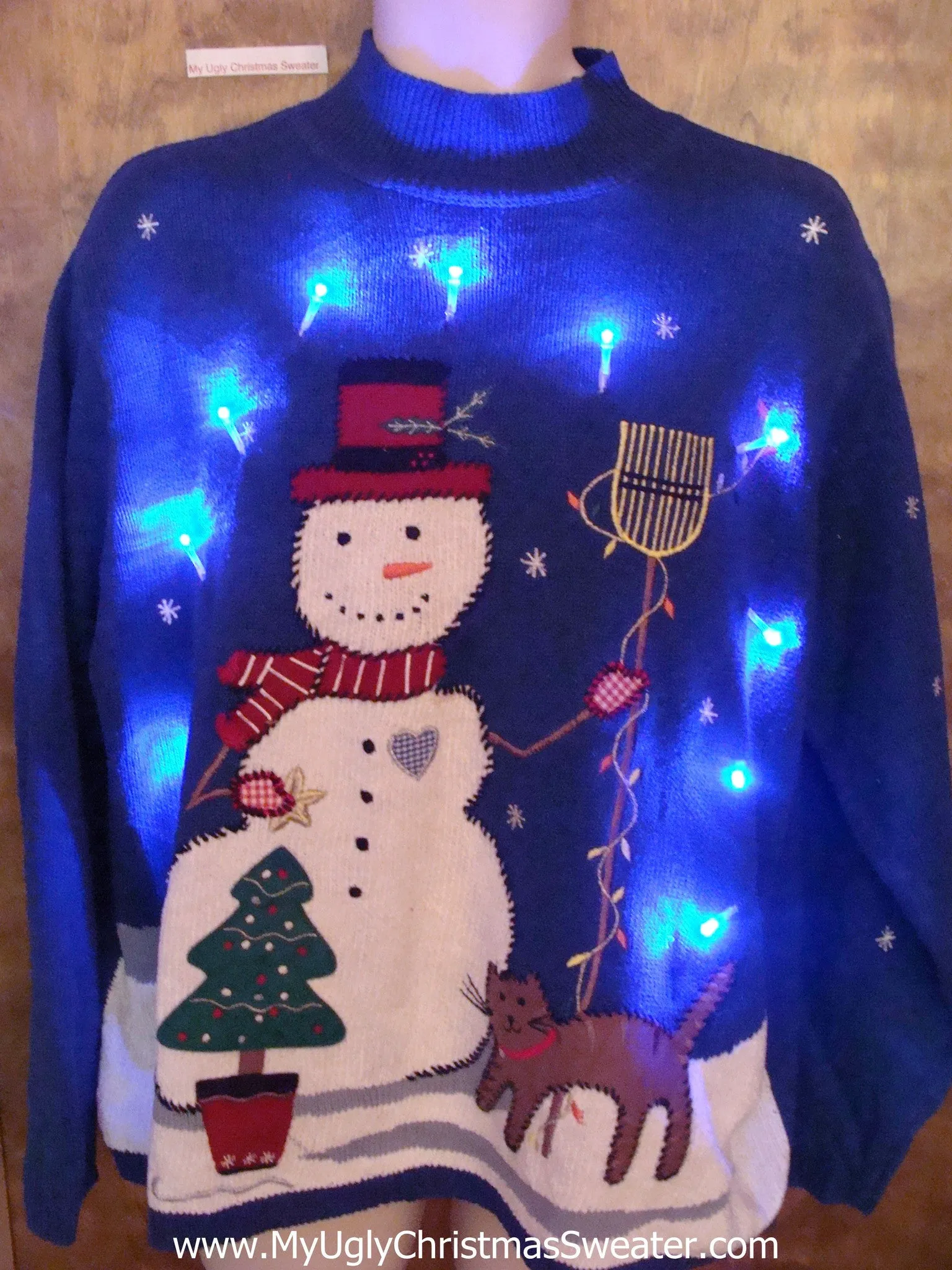 Happy Snowman and Cat Tacky Xmas Sweater with Lights