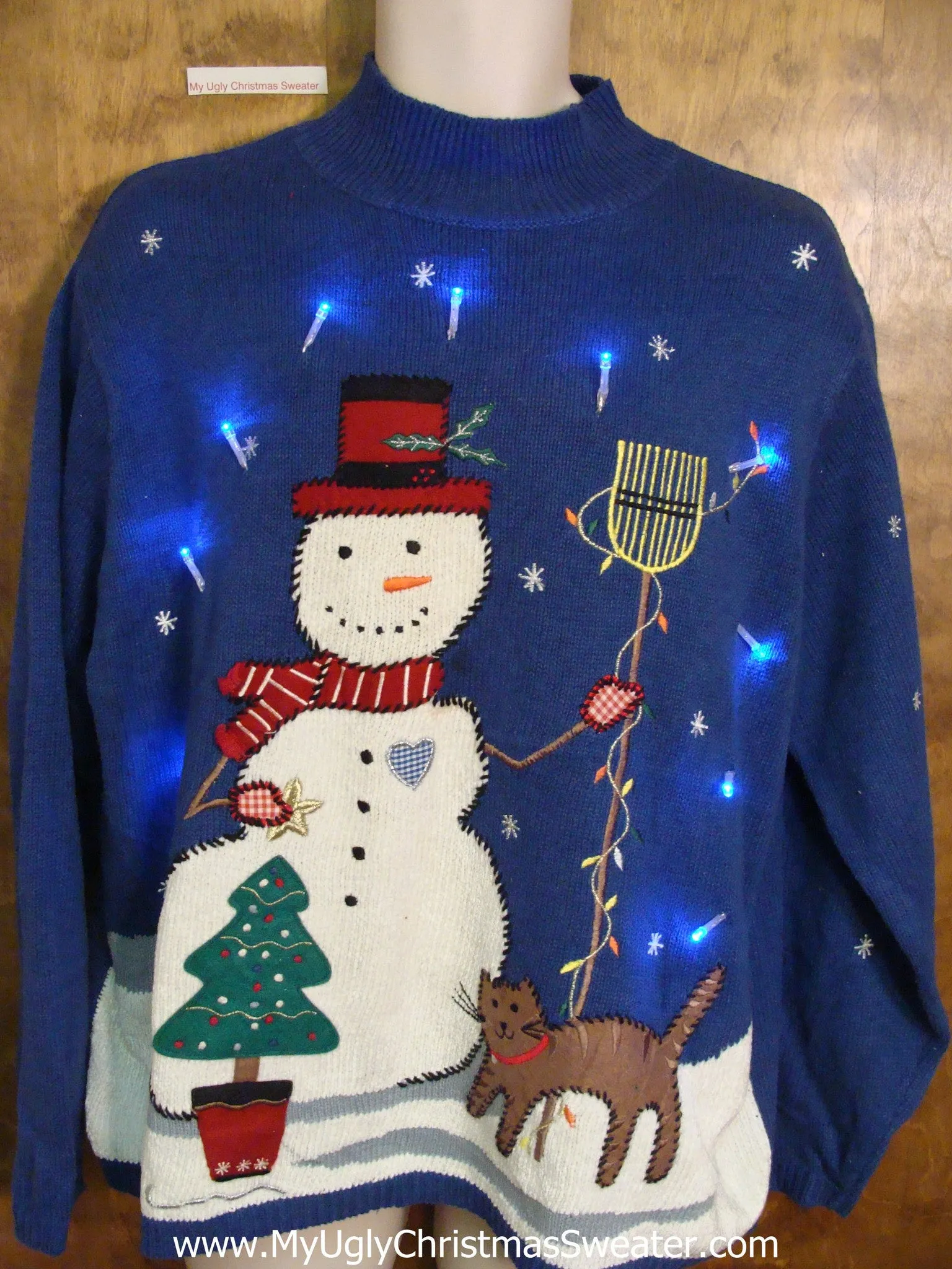 Happy Snowman and Cat Tacky Xmas Sweater with Lights